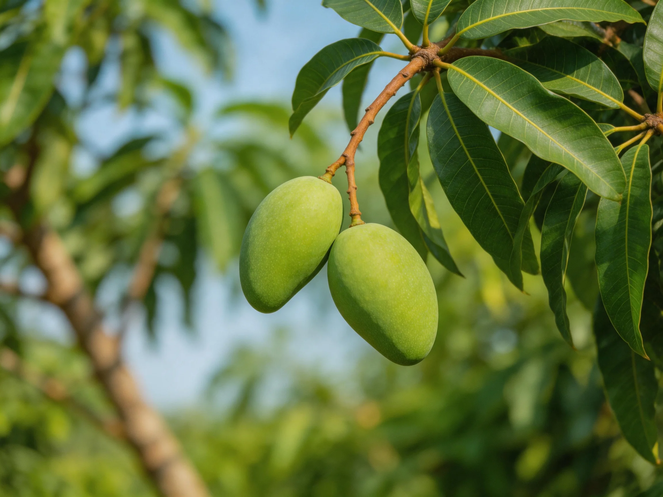 Two unripe green mangoes hang from a leafy branch