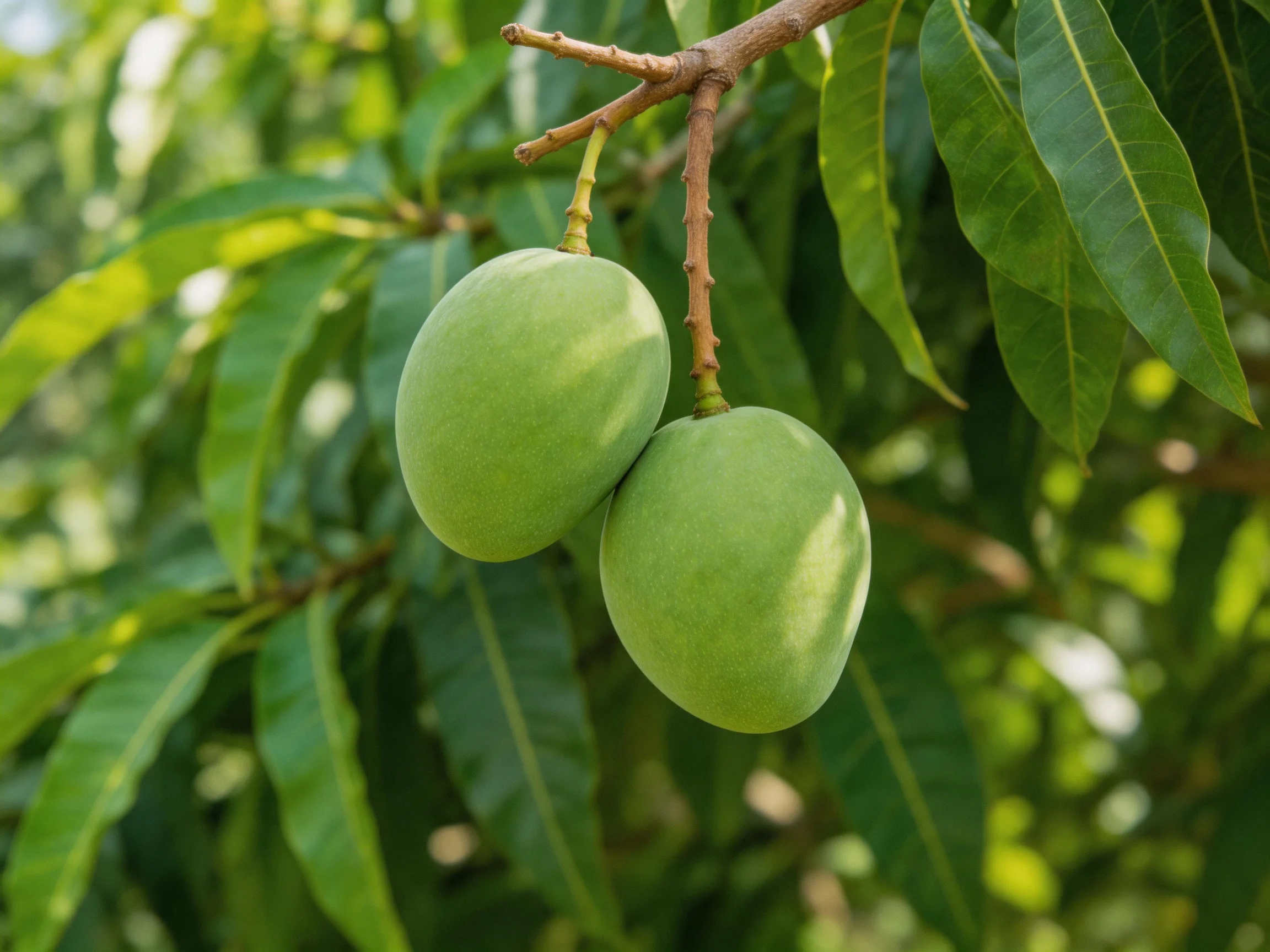 Two unripe green mangoes hang from a tree branch amid lush foliage