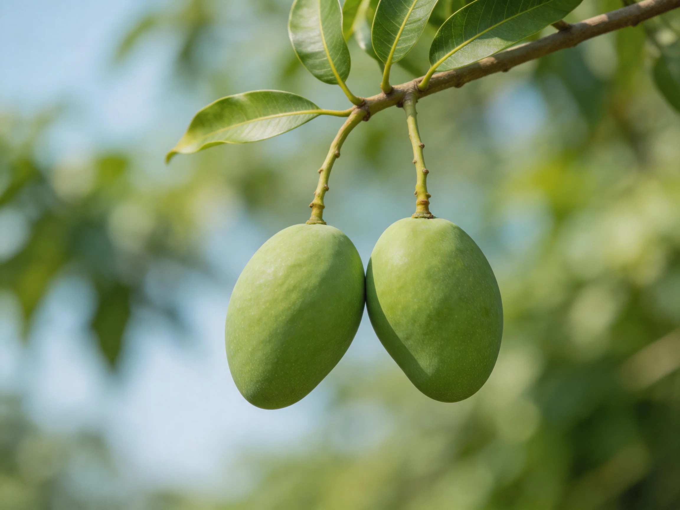 Two unripe green mangoes hang from a tree branch amid lush foliage