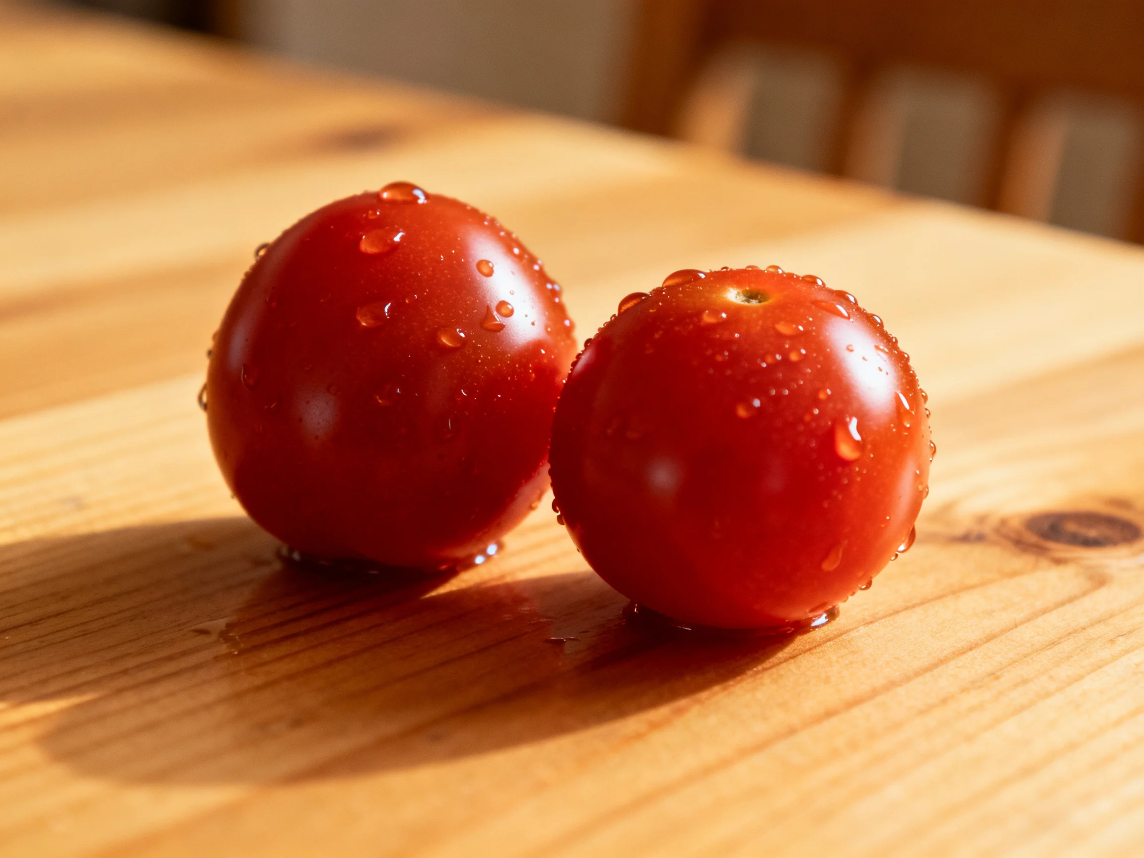 Two vibrant cherry tomatoes glisten with water droplets on a wooden table