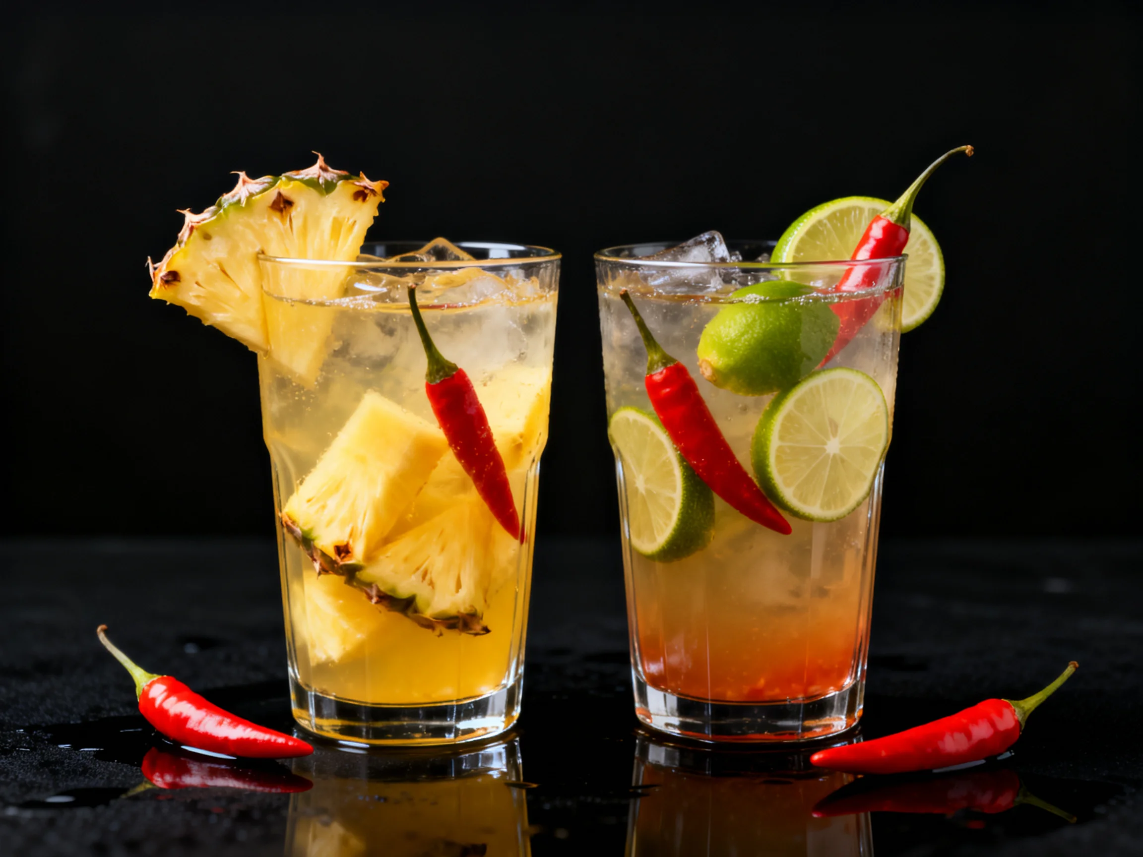 Two vibrant cocktails with pineapple, lime, and chili peppers