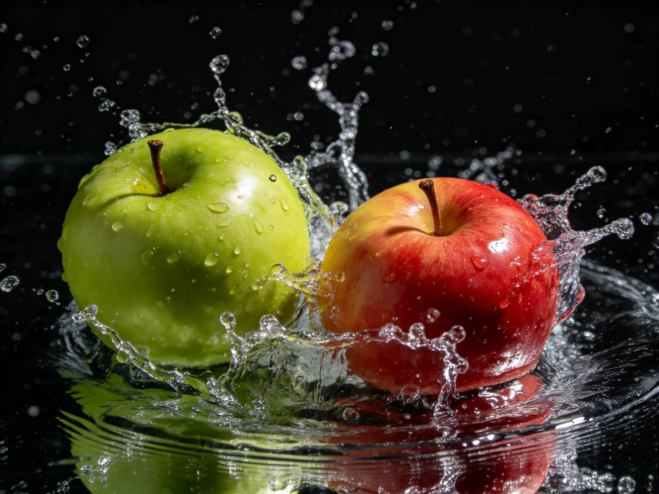 Two vibrant green and red apples splash into water with dynamic droplets