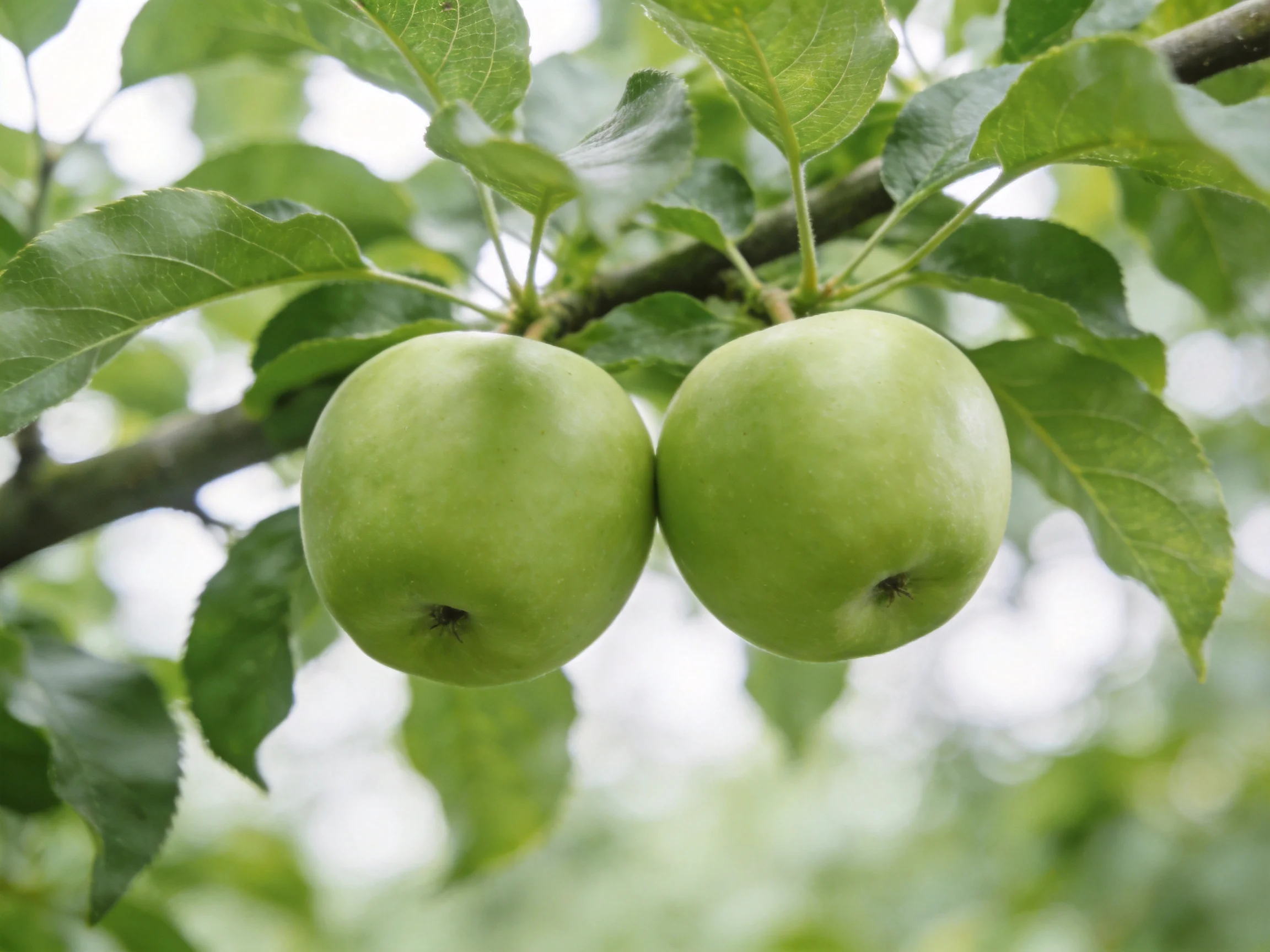 Two vibrant green apples hang from a leafy apple tree branch.