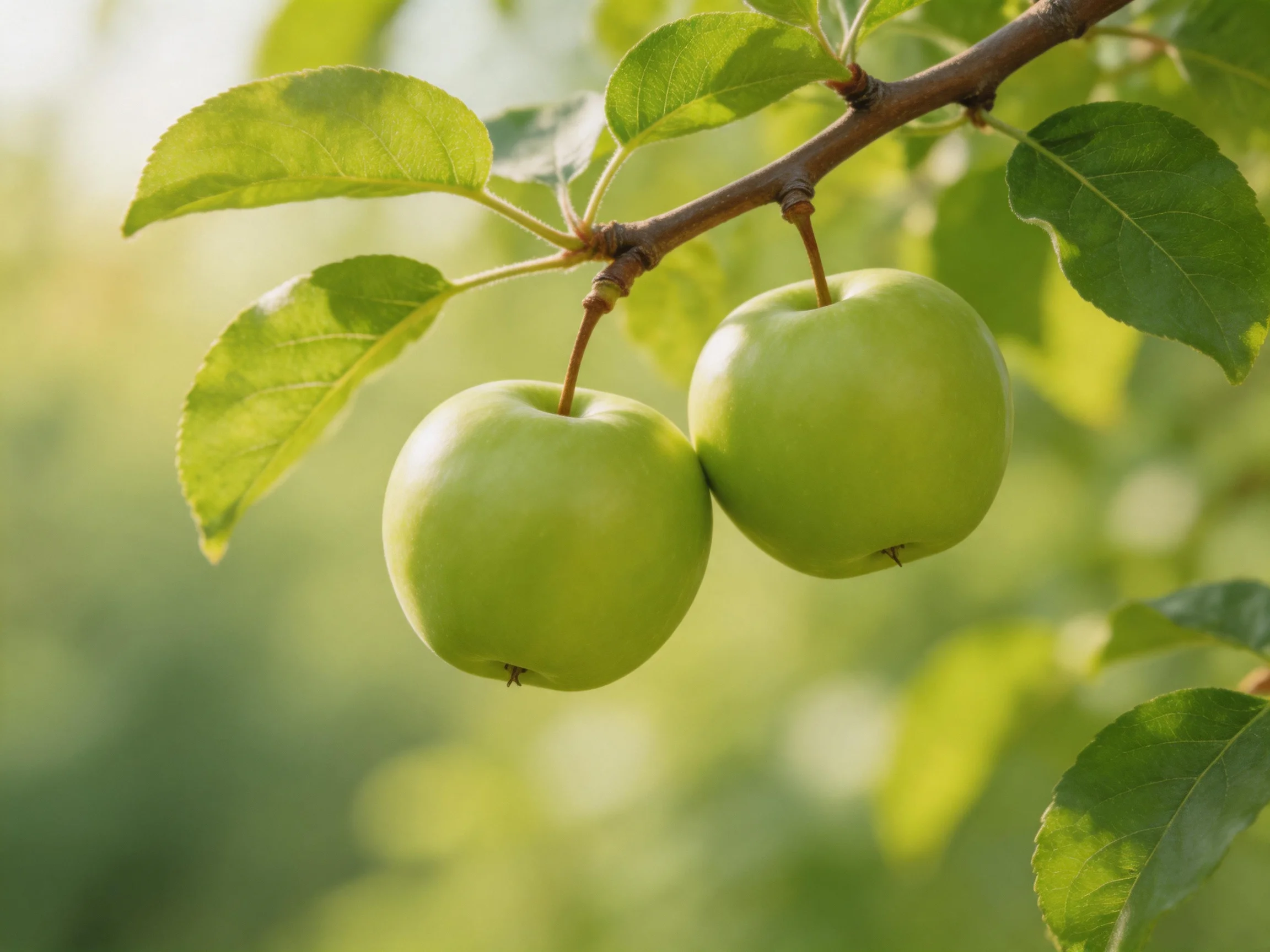 Two vibrant green apples hang from a tree branch amid lush foliage