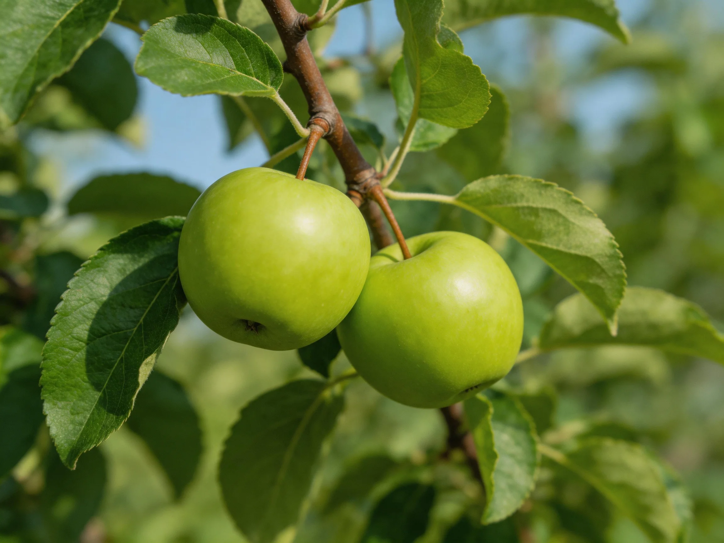 Two vibrant green apples hang from a tree branch amid lush foliage