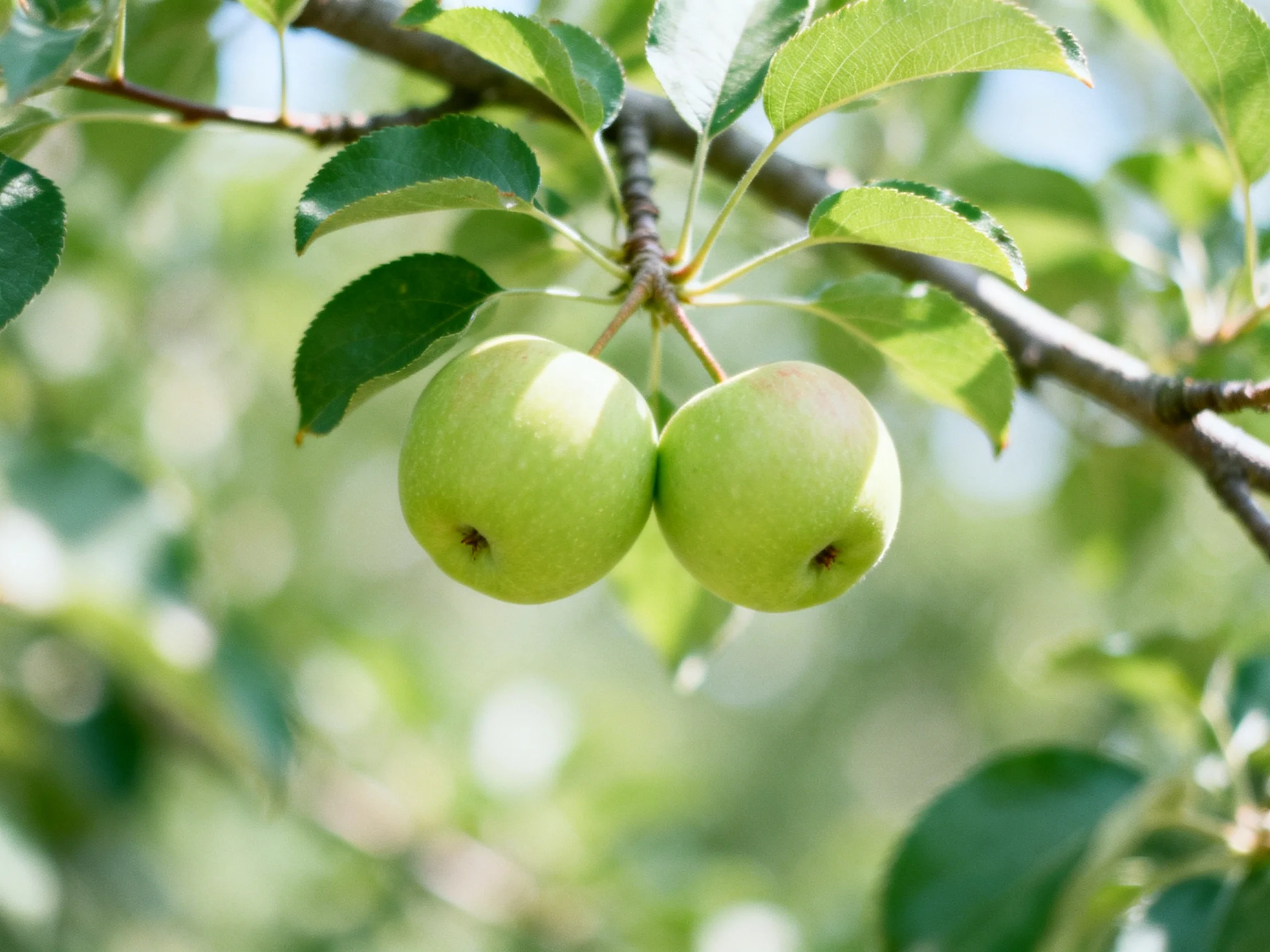 Two vibrant green apples hang from a tree branch amid lush foliage.