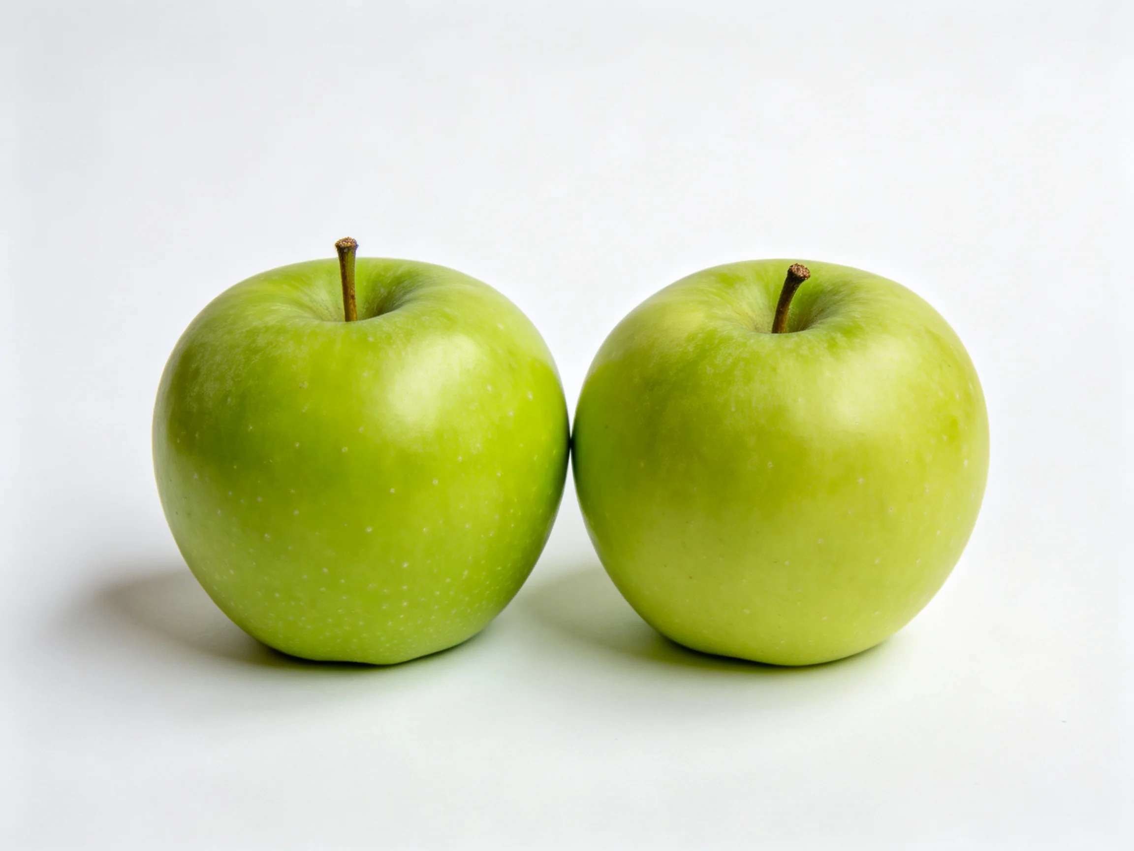 Two vibrant green apples positioned closely on a white backdrop
