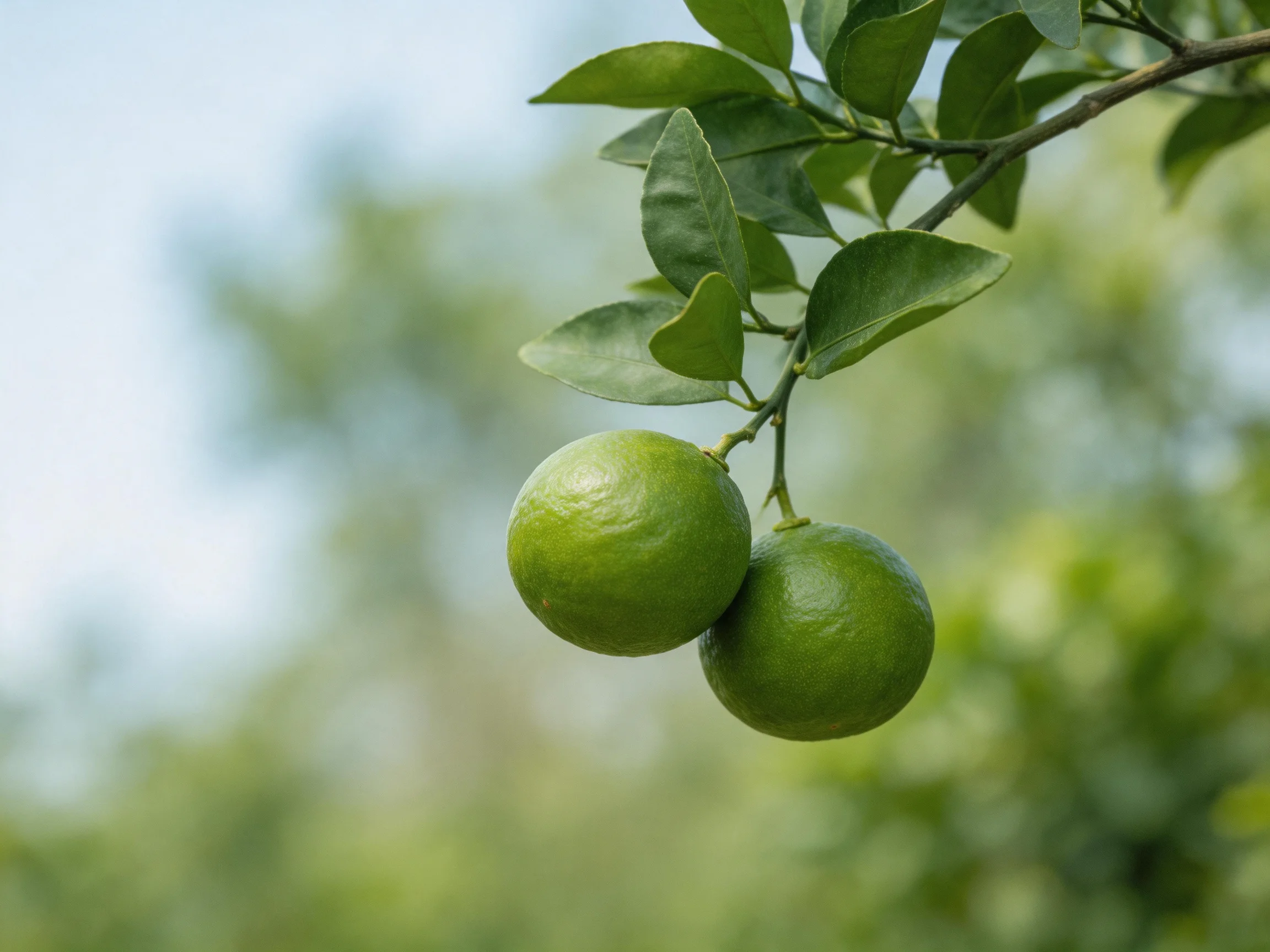Two vibrant green citrus fruits hang from a leafy branch with lush foliage