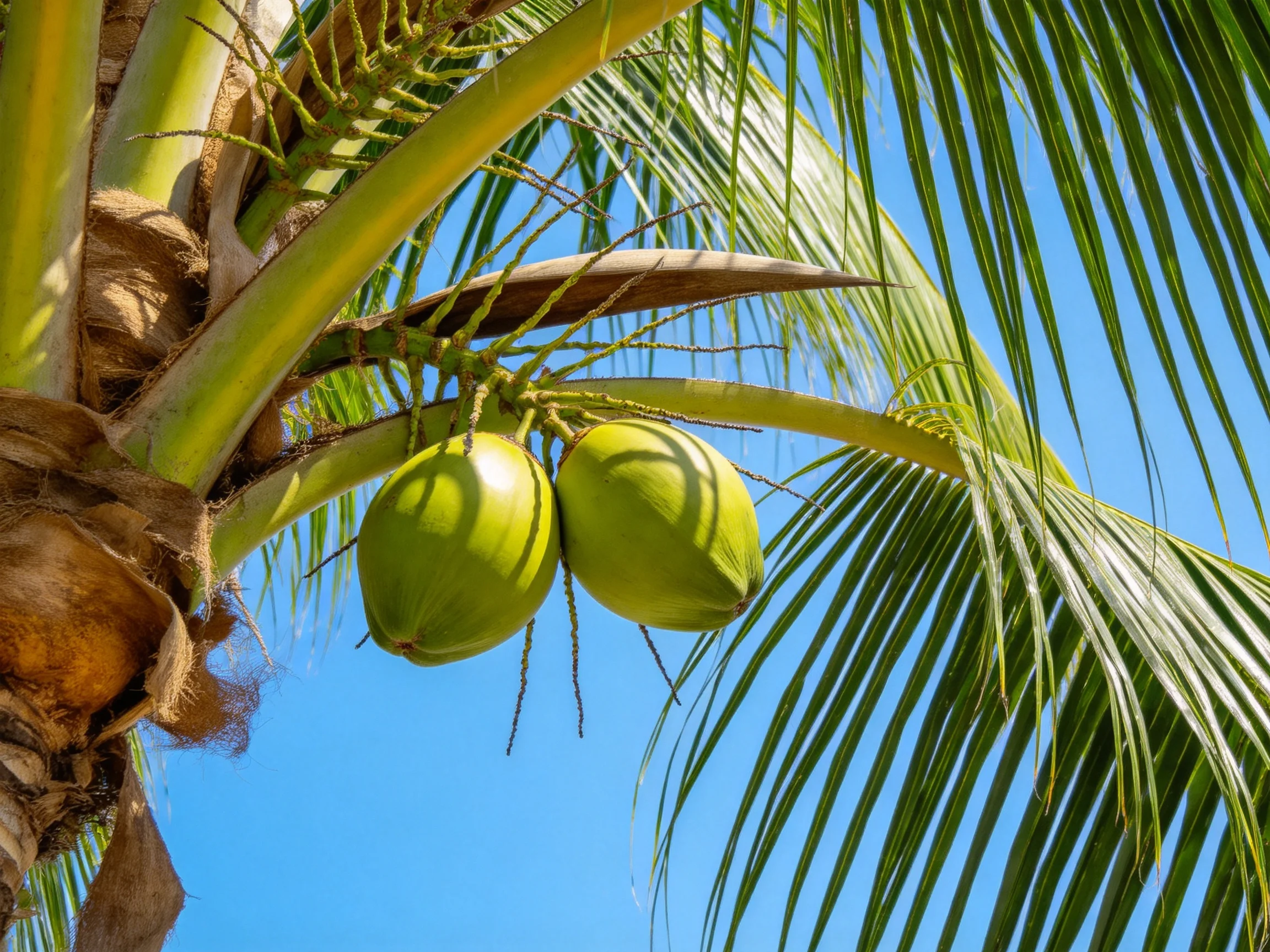 Two vibrant green coconuts hang from a palm tree with lush fronds