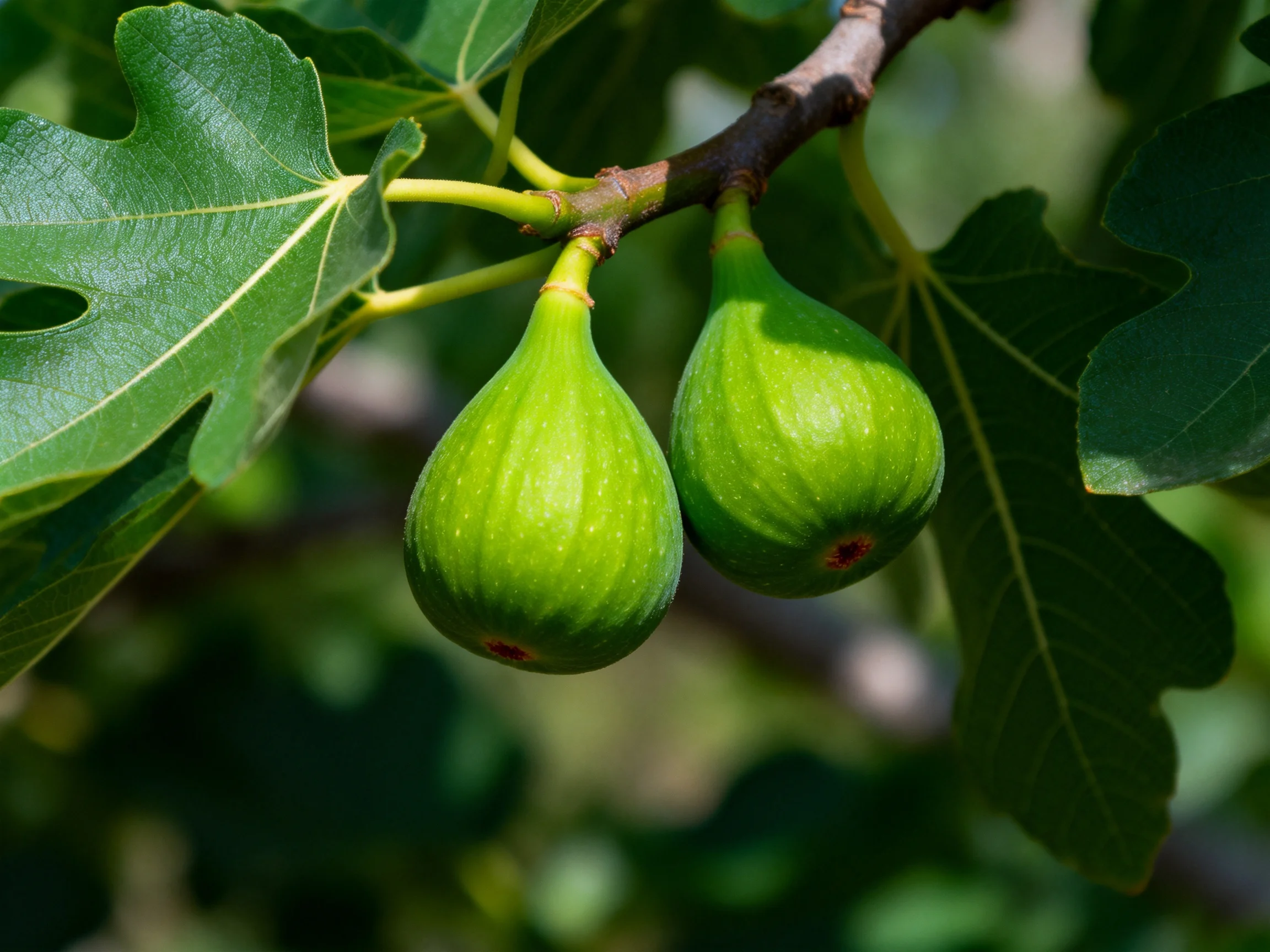 Two vibrant green figs hang from a fig tree branch amid large leaves