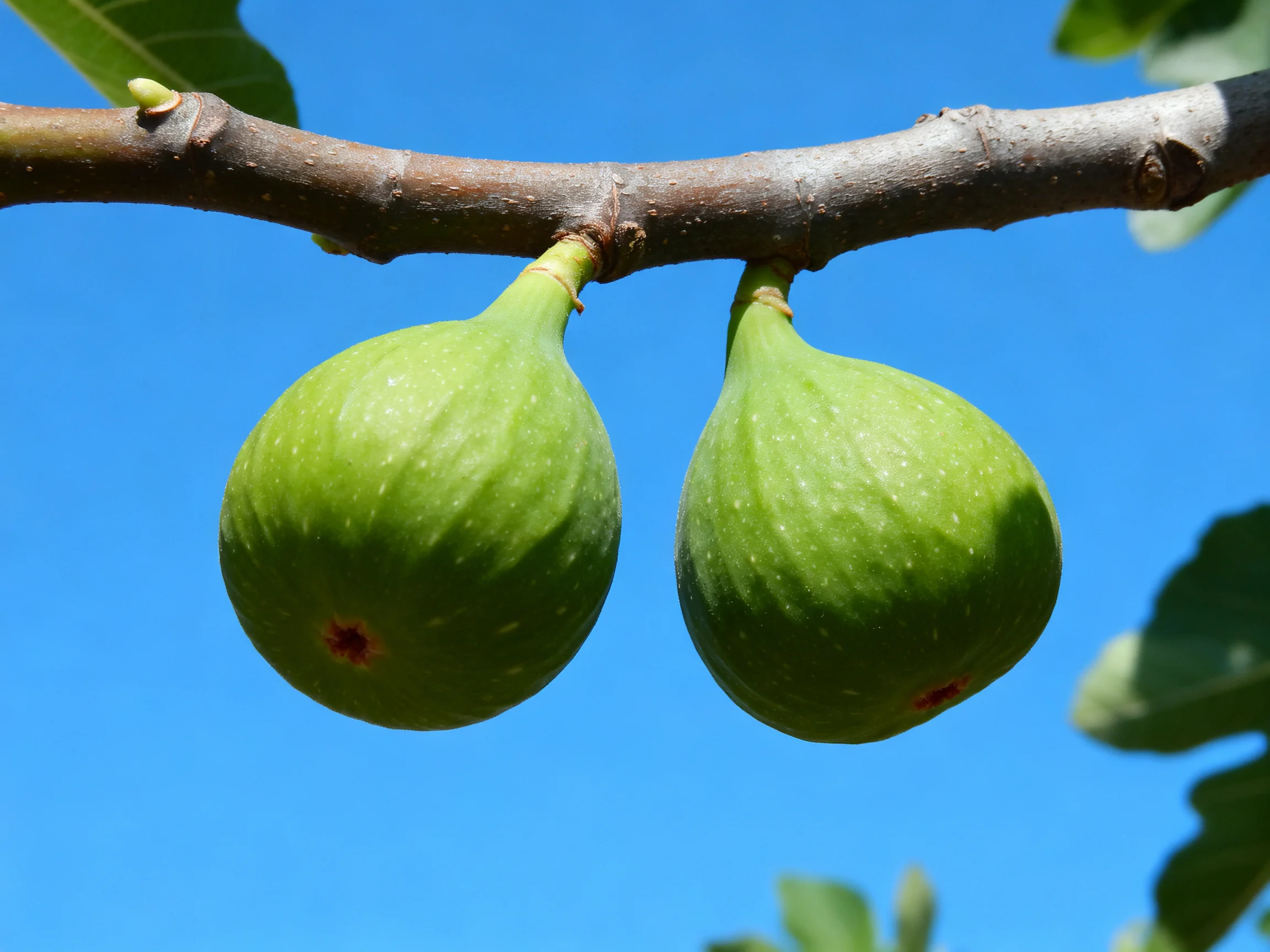 Two vibrant green figs hang from a tree branch under a clear blue sky