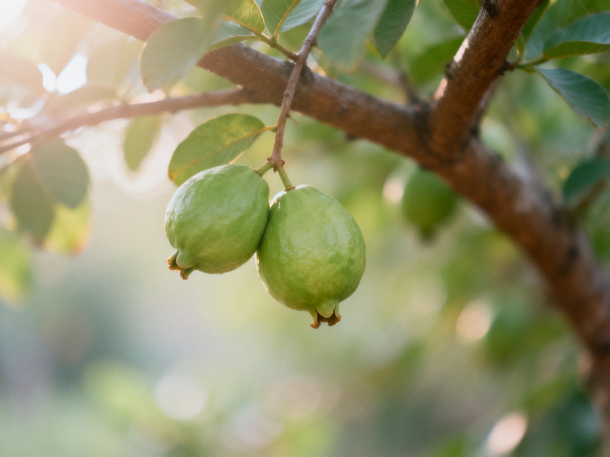 Two vibrant green guavas hang from a brown tree branch under soft sunlight
