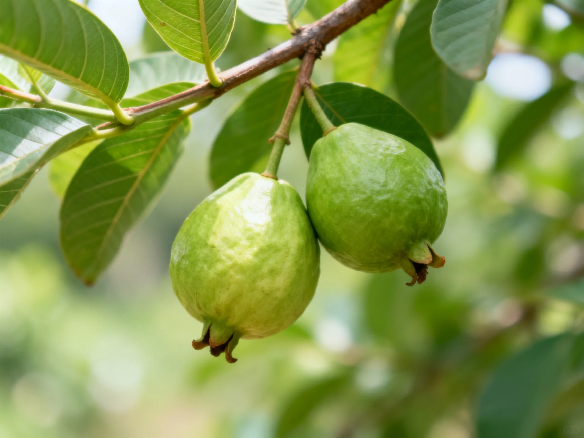 Two vibrant green guavas hang from a tree branch amid lush foliage
