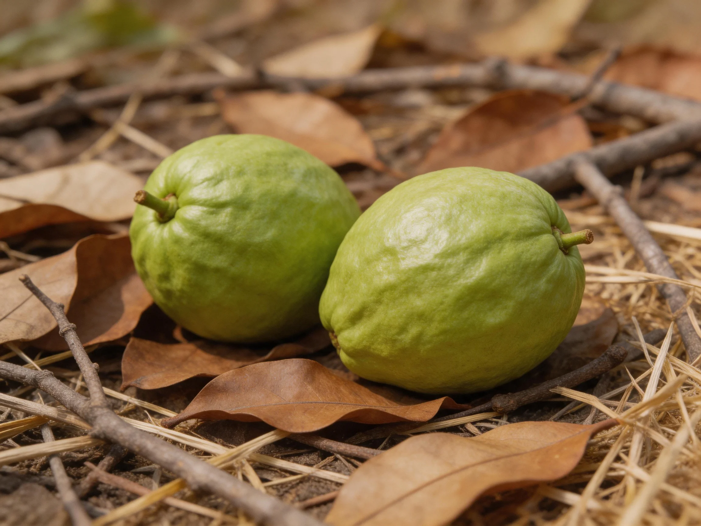 Two vibrant green guavas rest among brown dried leaves and twigs