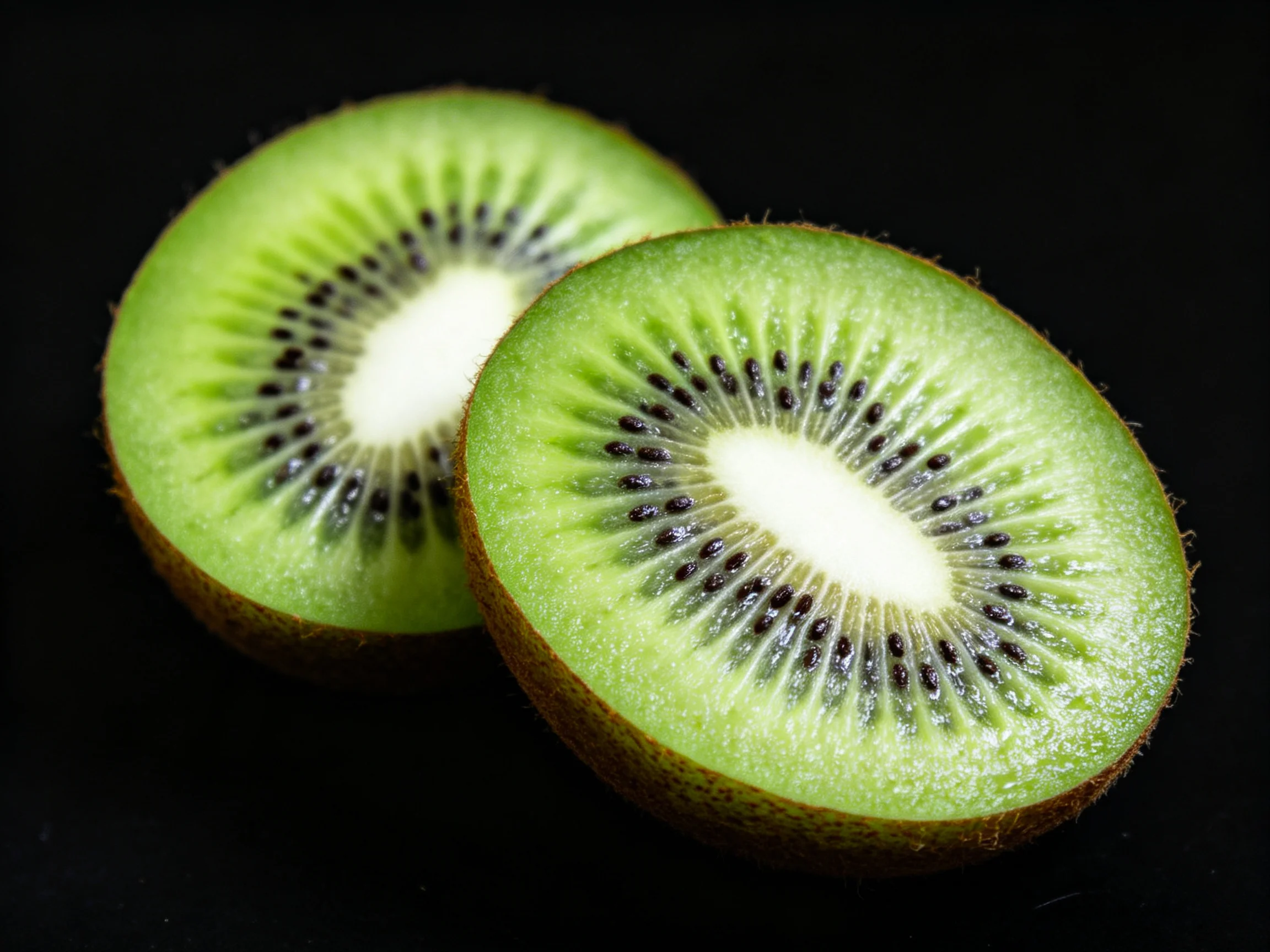 Two vibrant green kiwi fruit halves displayed against a dark backdrop