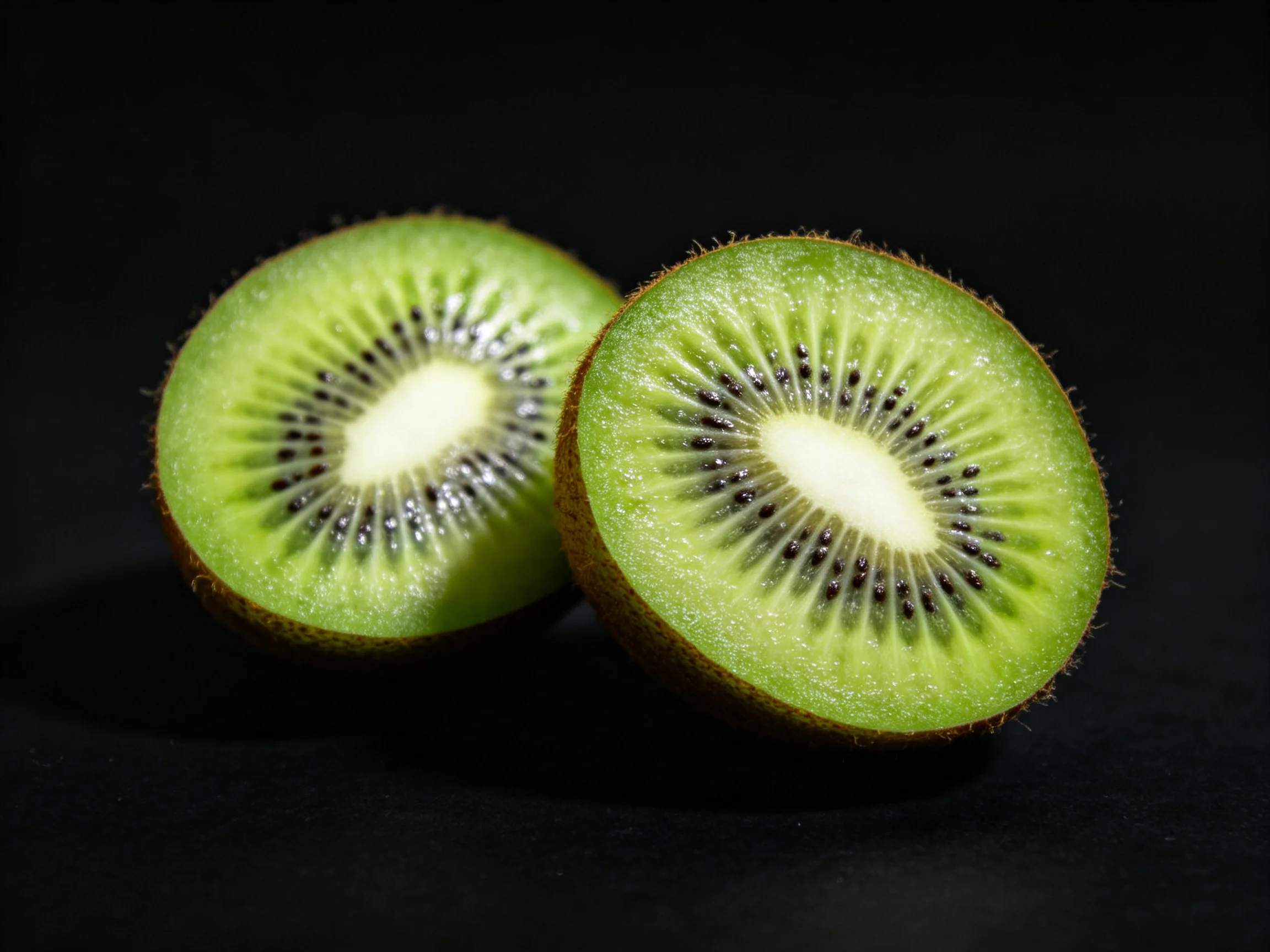 Two vibrant green kiwi fruit halves displayed on a dark surface