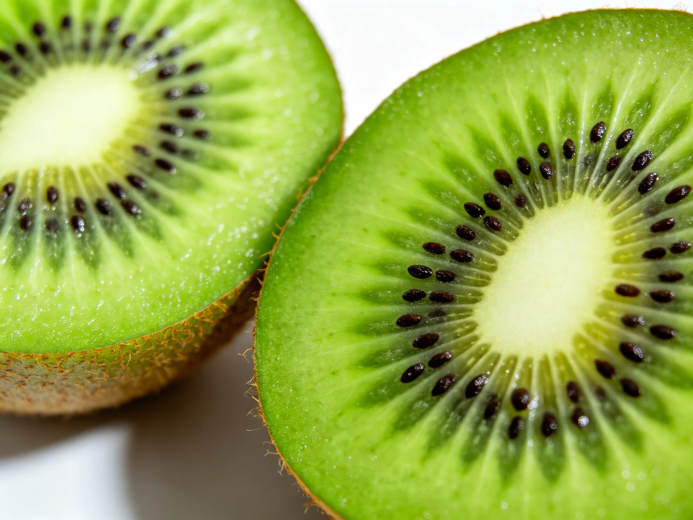 Two vibrant green kiwi fruit halves with dark seeds