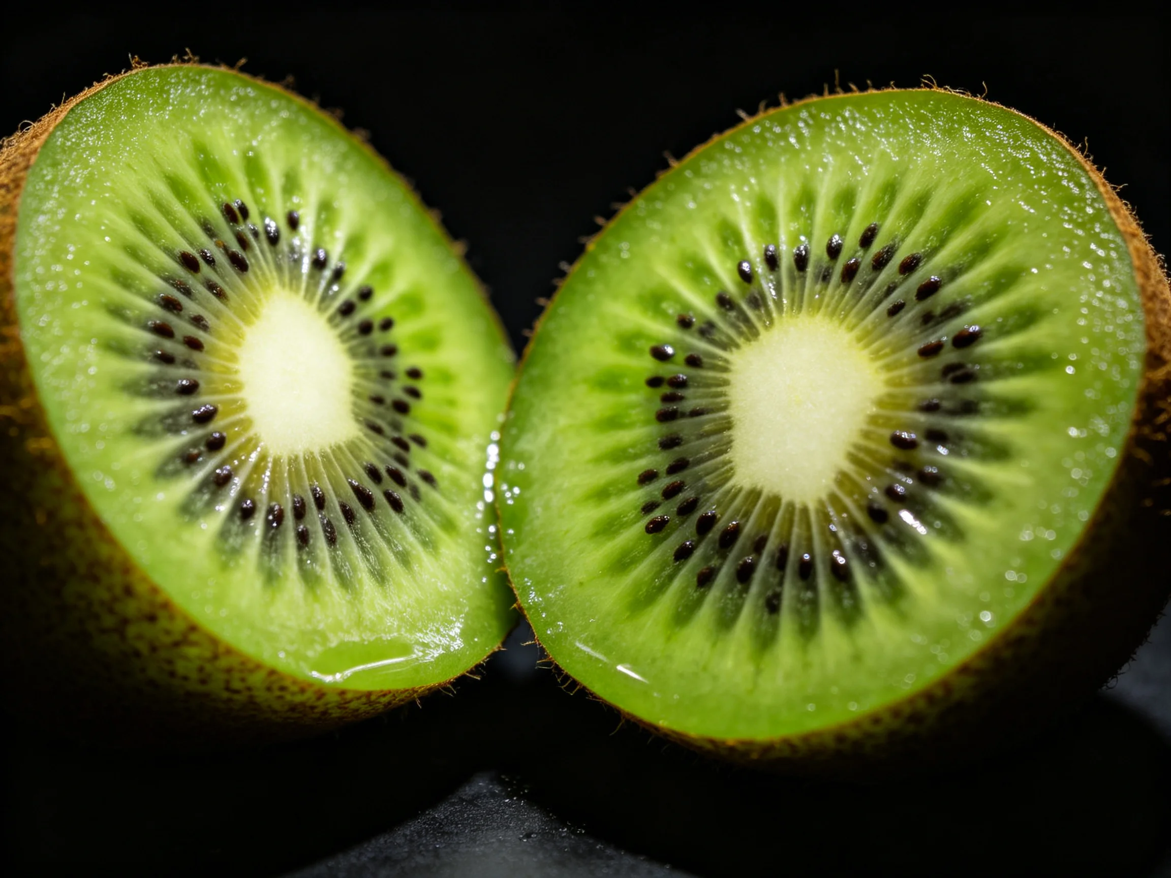 Two vibrant green kiwi halves with dark seeds and textured rind