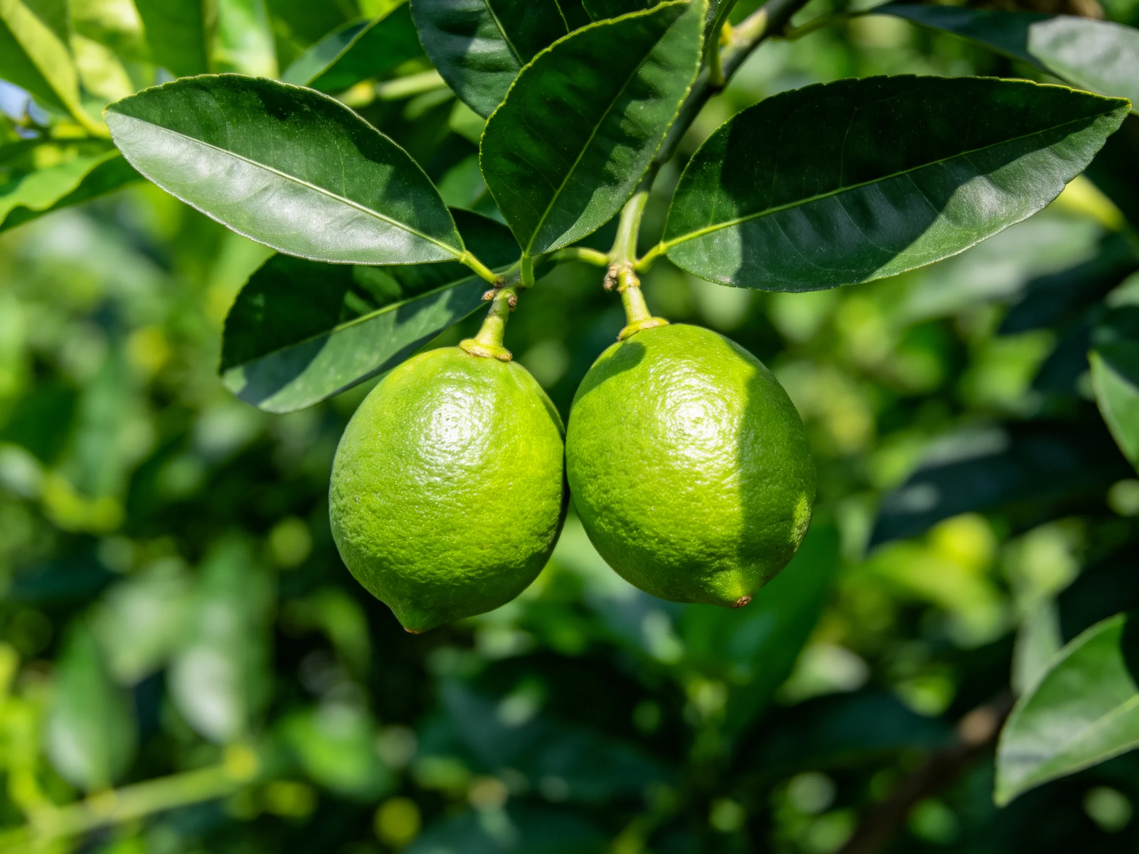 Two vibrant green lemons hang from a leafy citrus branch