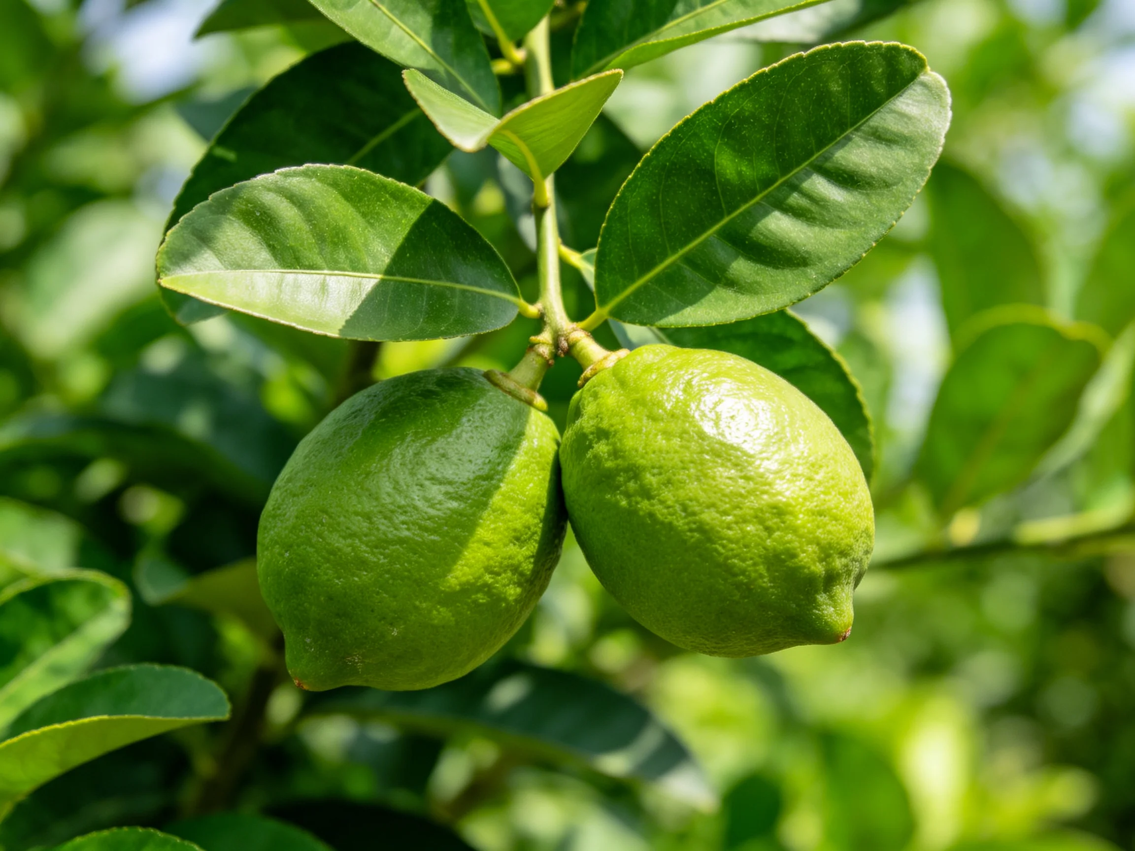 Two vibrant green lemons hang from a leafy citrus branch