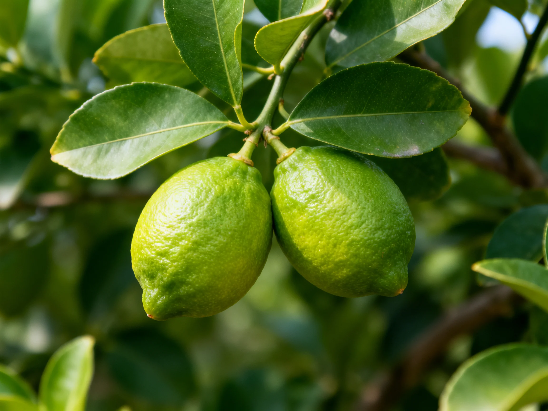 Two vibrant green lemons hang from a leafy citrus branch