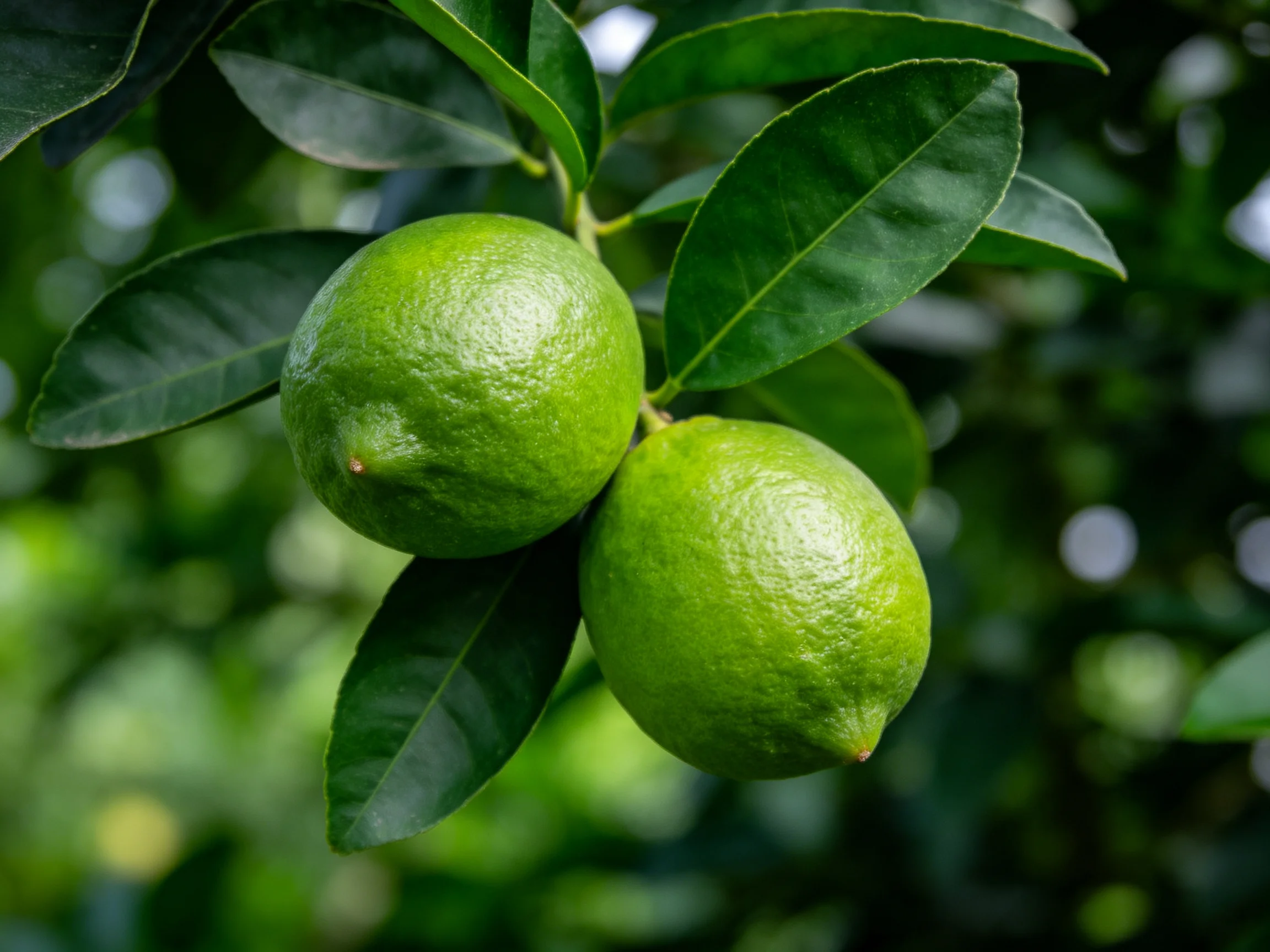 Two vibrant green limes hang from a leafy citrus branch