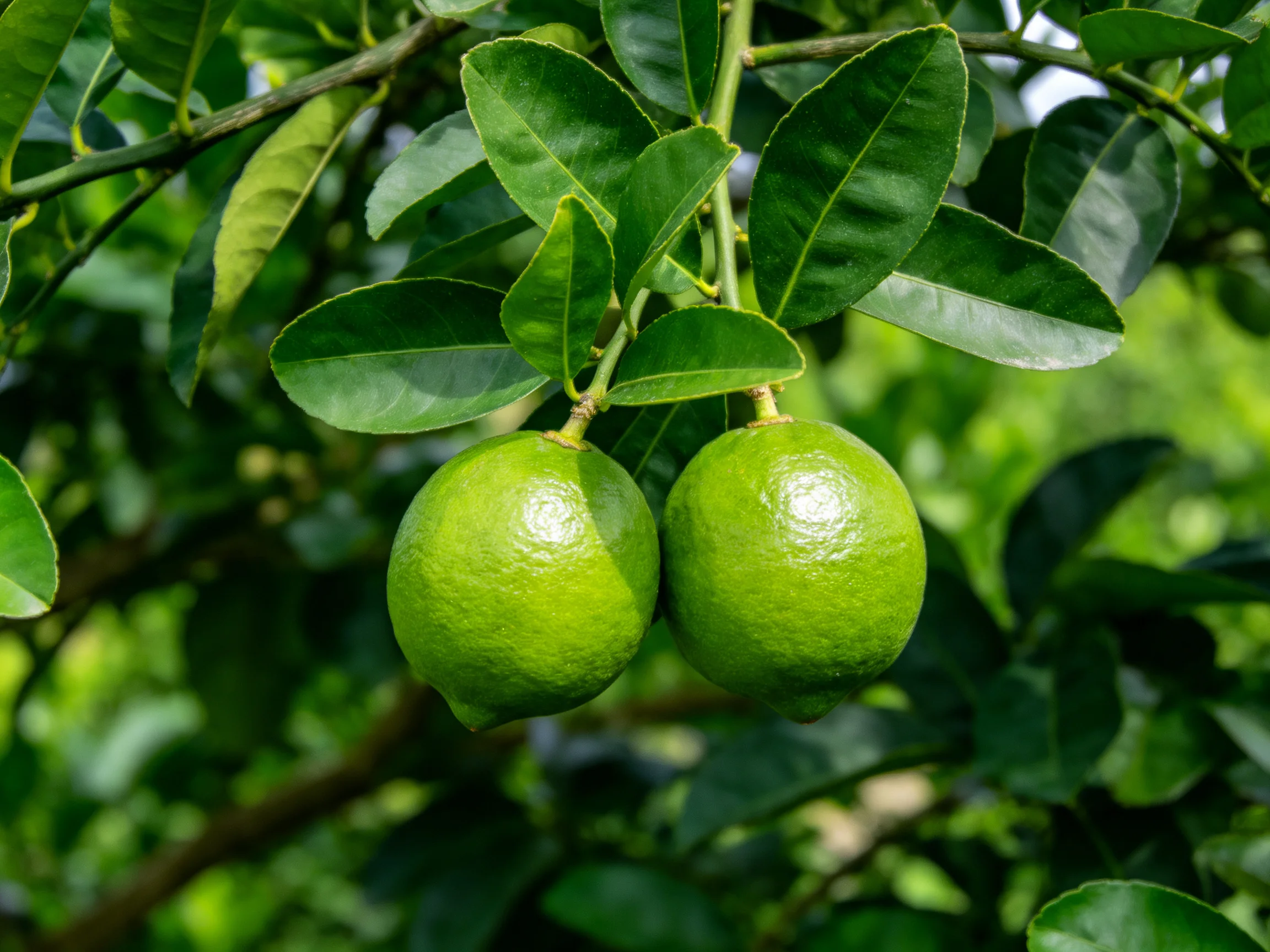 Two vibrant green limes hang from a leafy citrus branch
