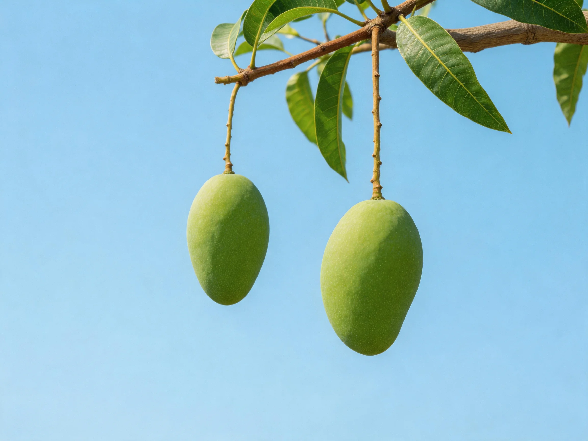 Two vibrant green mangoes hang from a tree branch against a clear blue sky