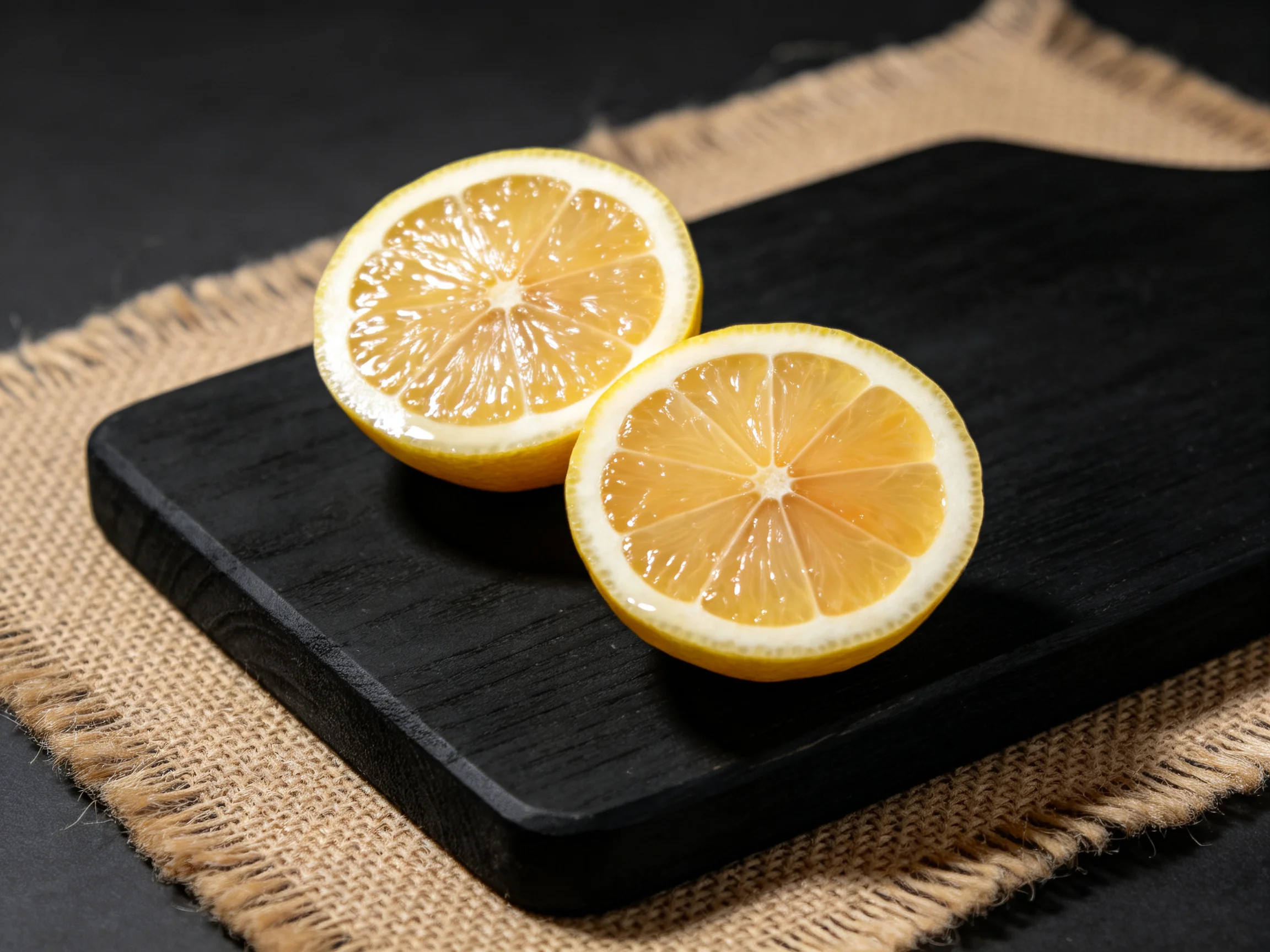 Two vibrant lemon halves rest on a dark wooden board atop a burlap mat