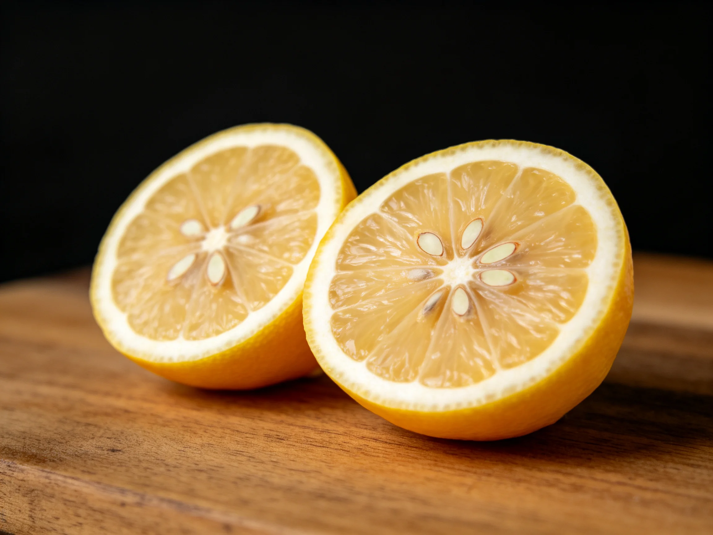 Two vibrant lemon halves rest on a wooden cutting board