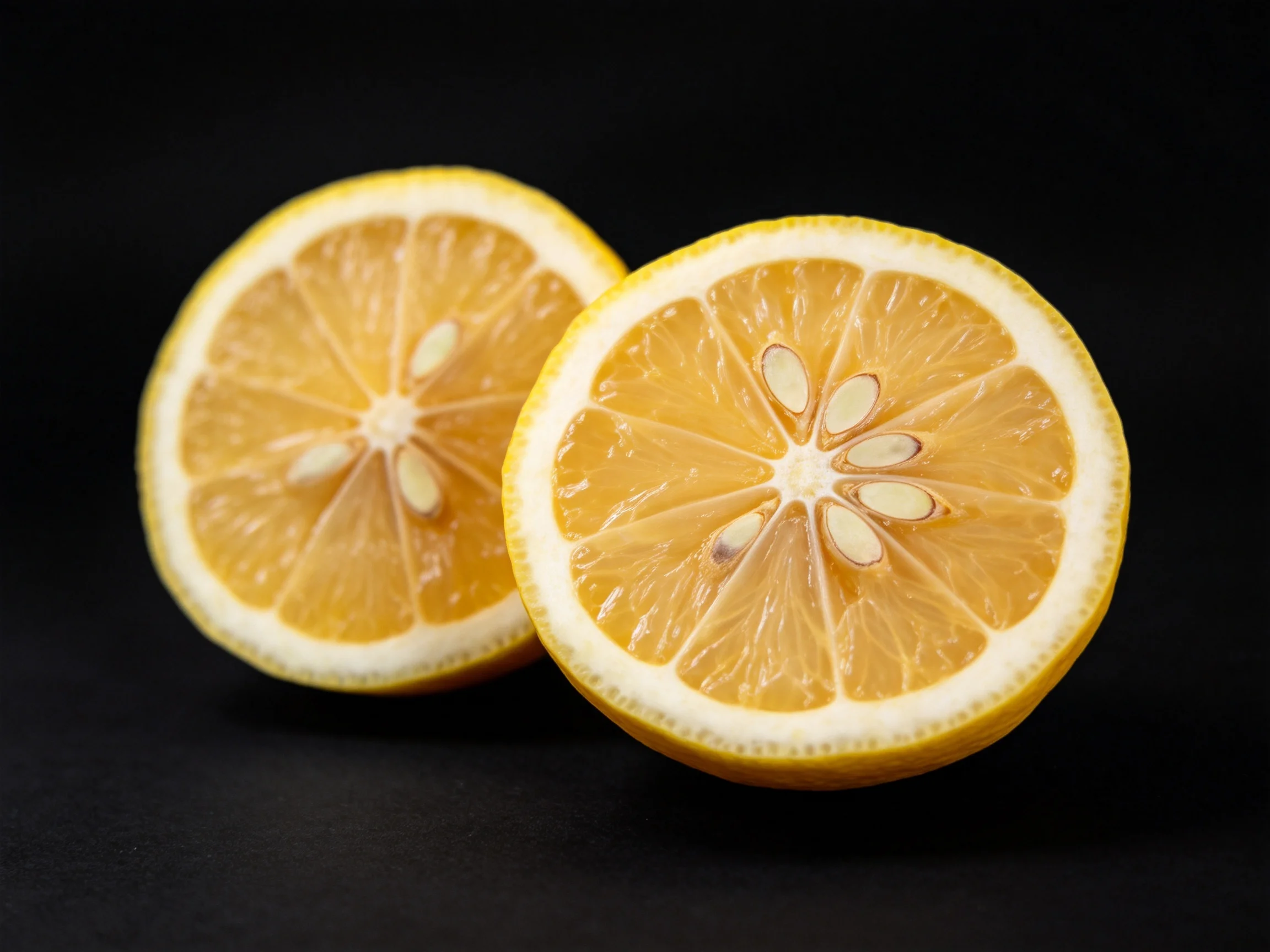 Two vibrant lemon halves with exposed inner segments