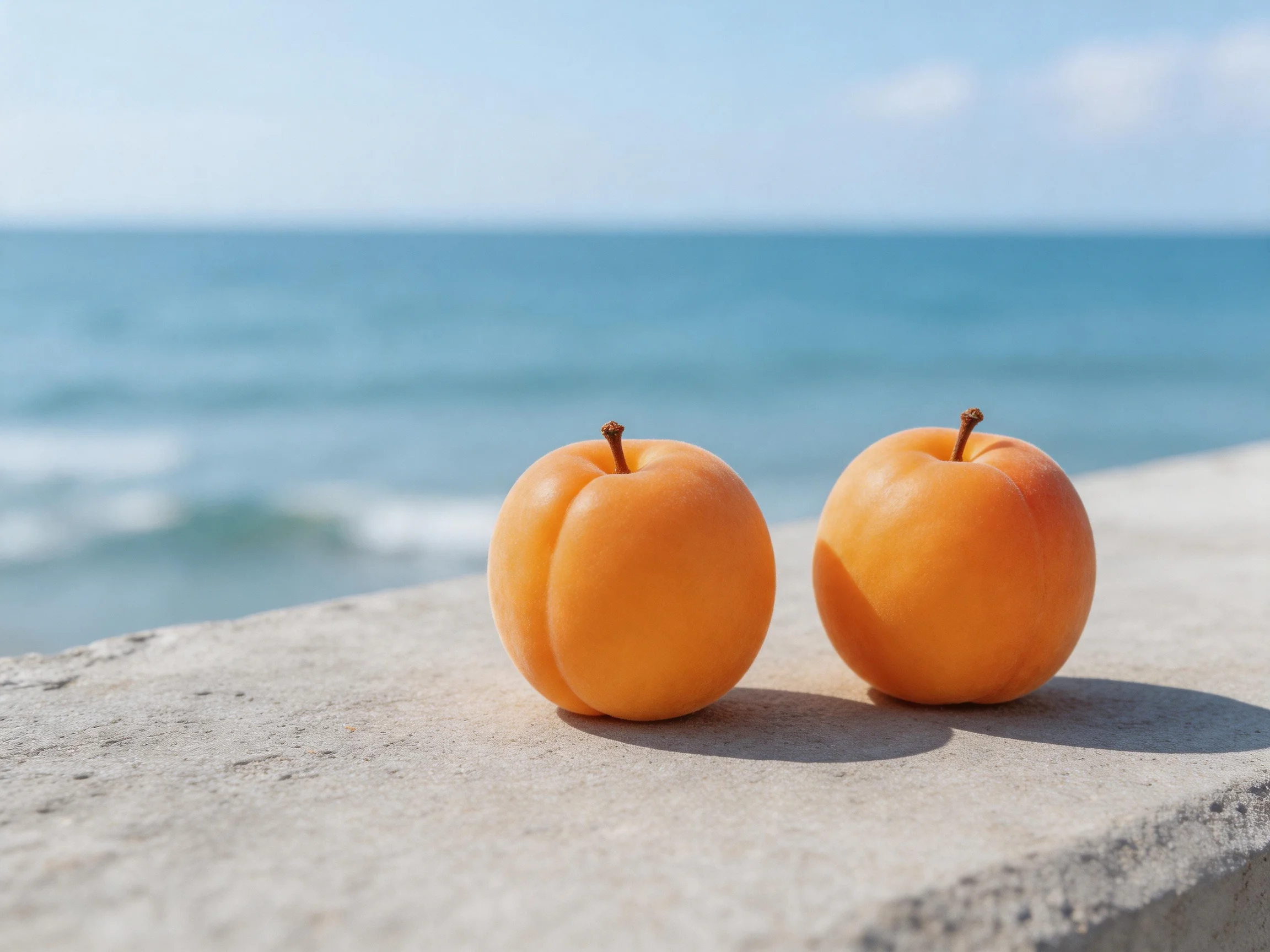 Two vibrant orange apricots rest on a concrete ledge by the ocean