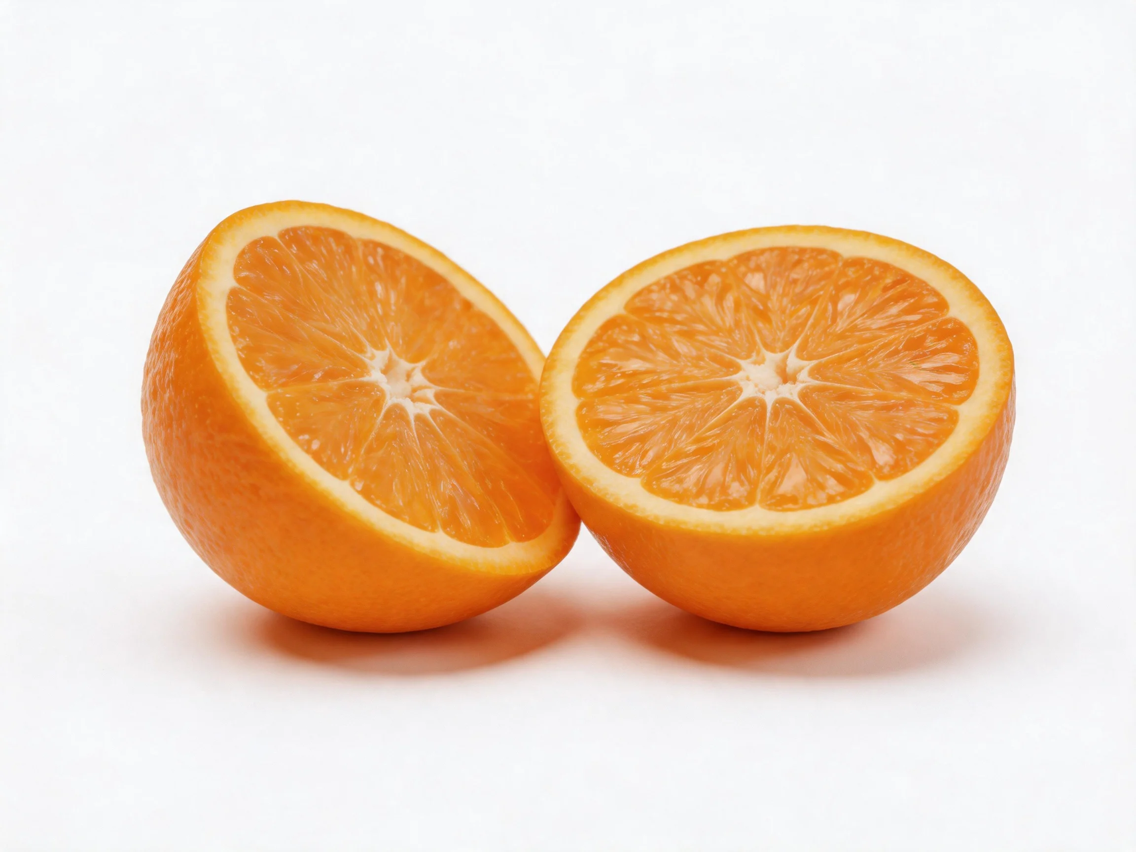 Two vibrant orange citrus fruit halves displayed on a white surface