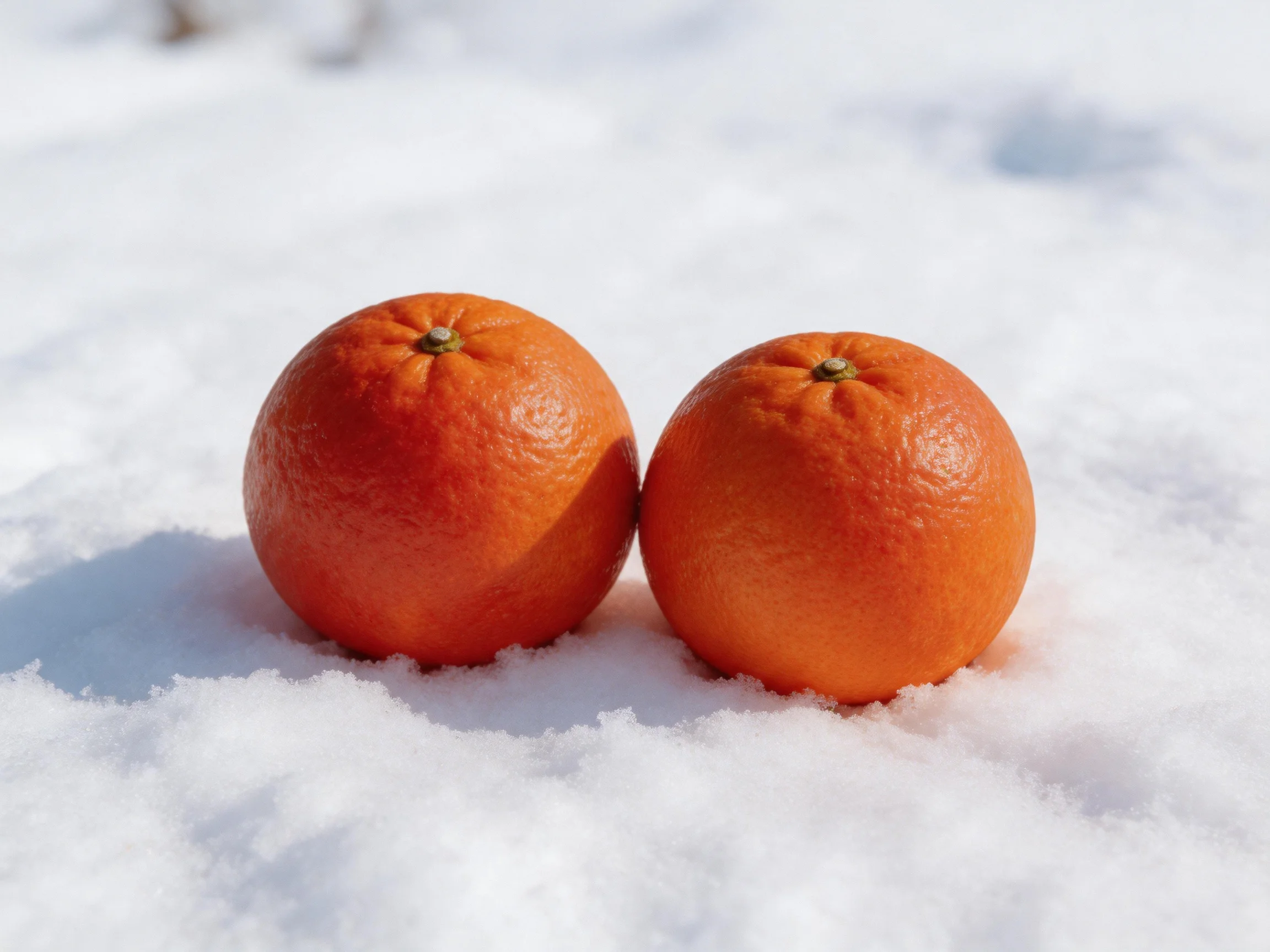 Two vibrant orange citrus fruits rest upon a bright snowy surface