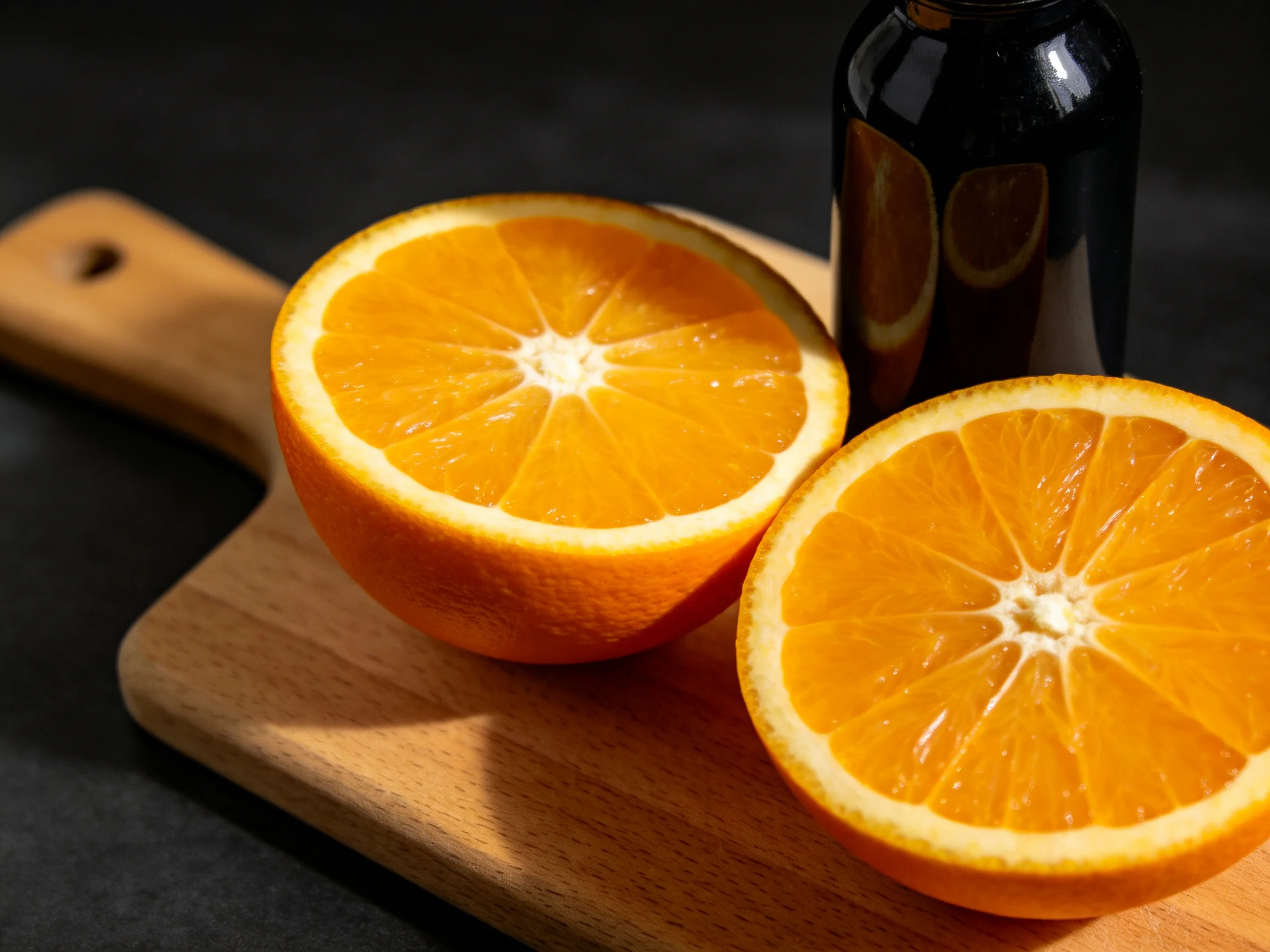 Two vibrant orange citrus halves rest beside a glossy black bottle