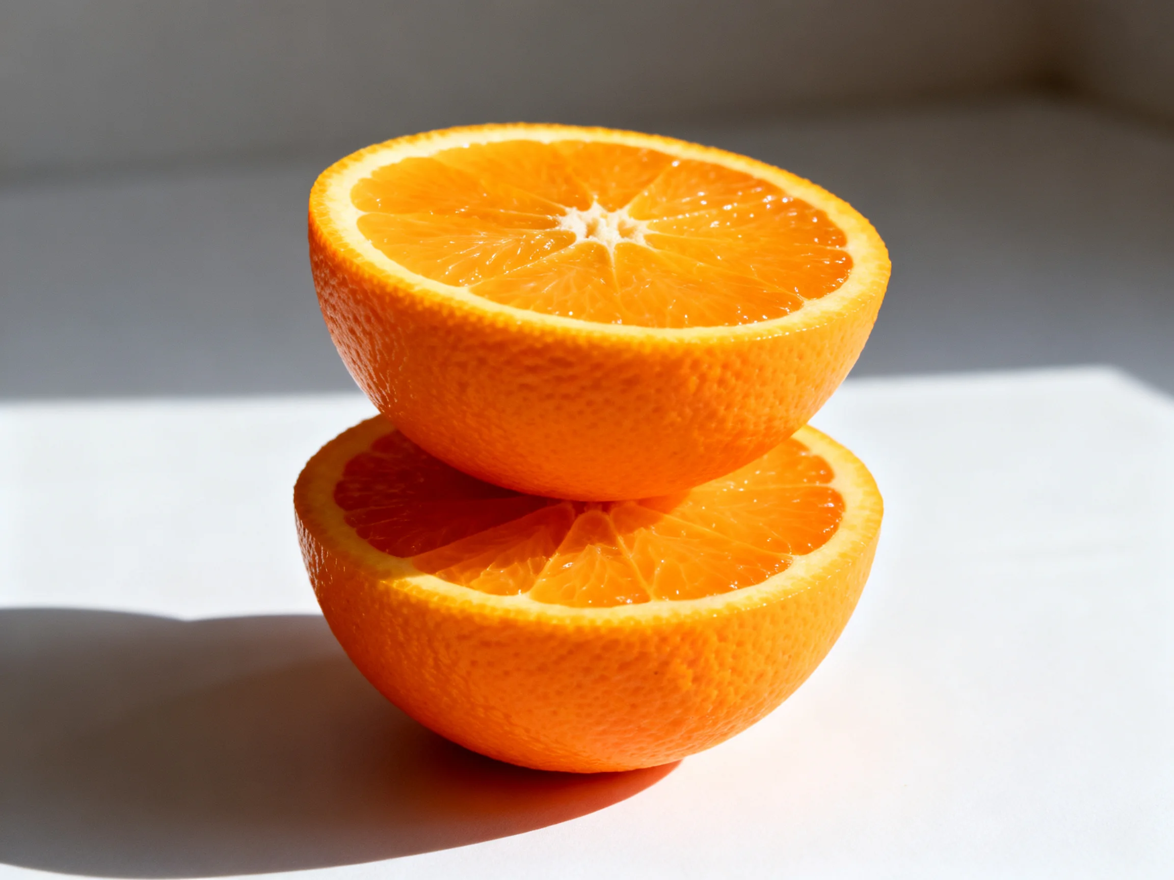 Two vibrant orange citrus halves stacked on a white surface