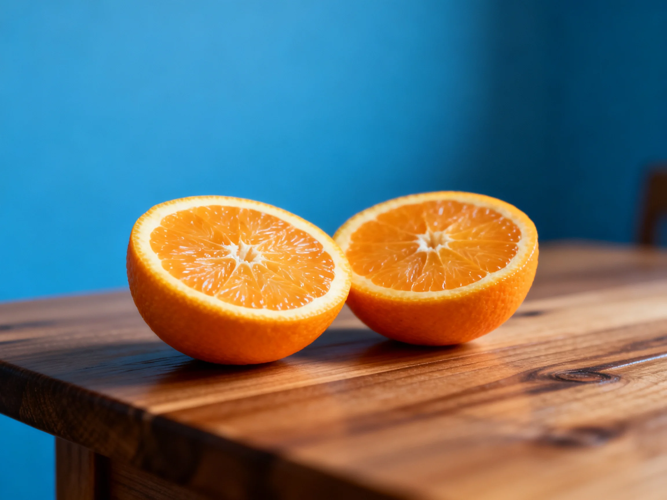 Two vibrant orange fruit halves rest on a polished wooden surface against a blue backdrop.