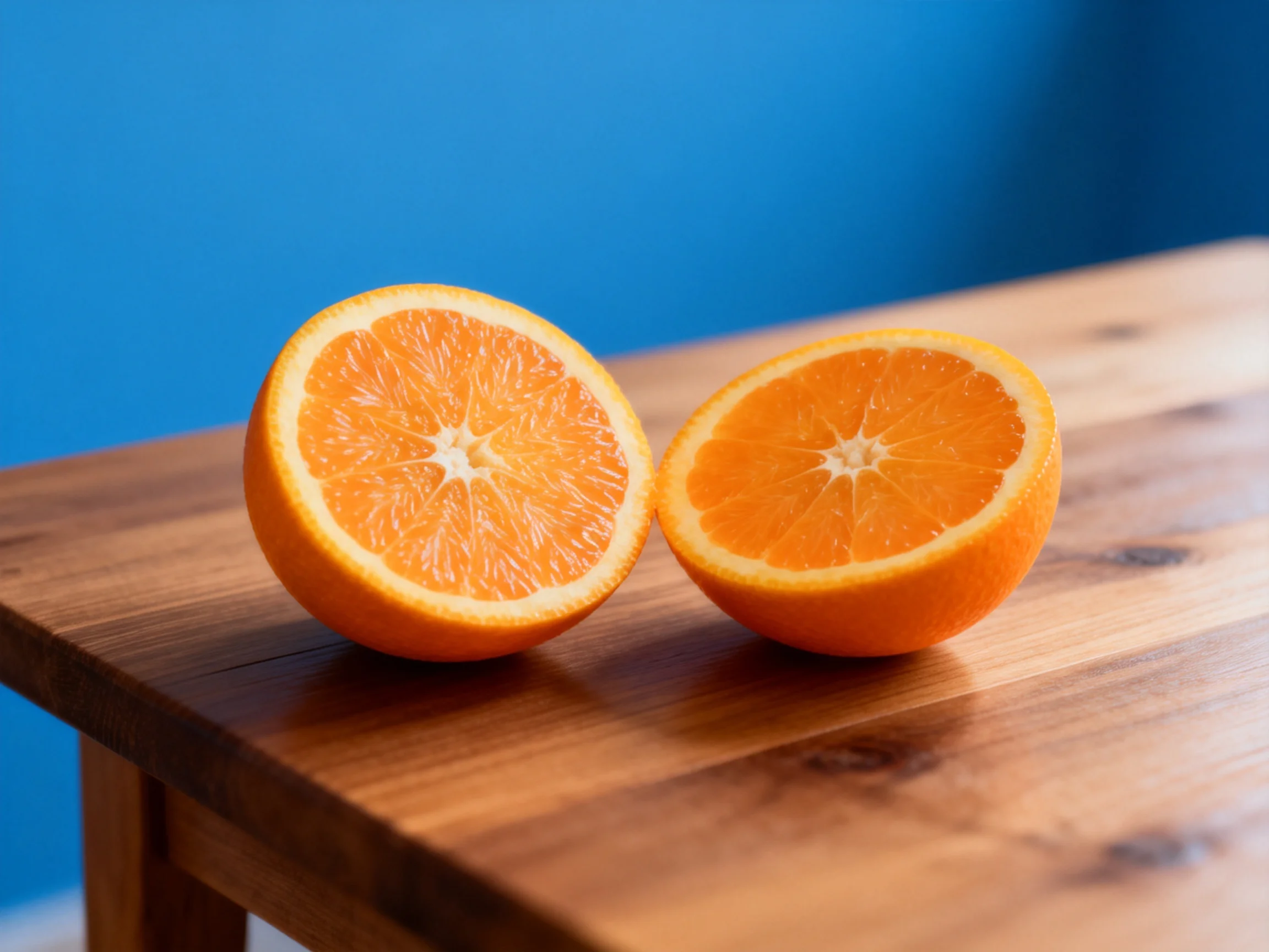 Two vibrant orange fruit halves rest on a polished wooden surface against a bright blue backdrop.