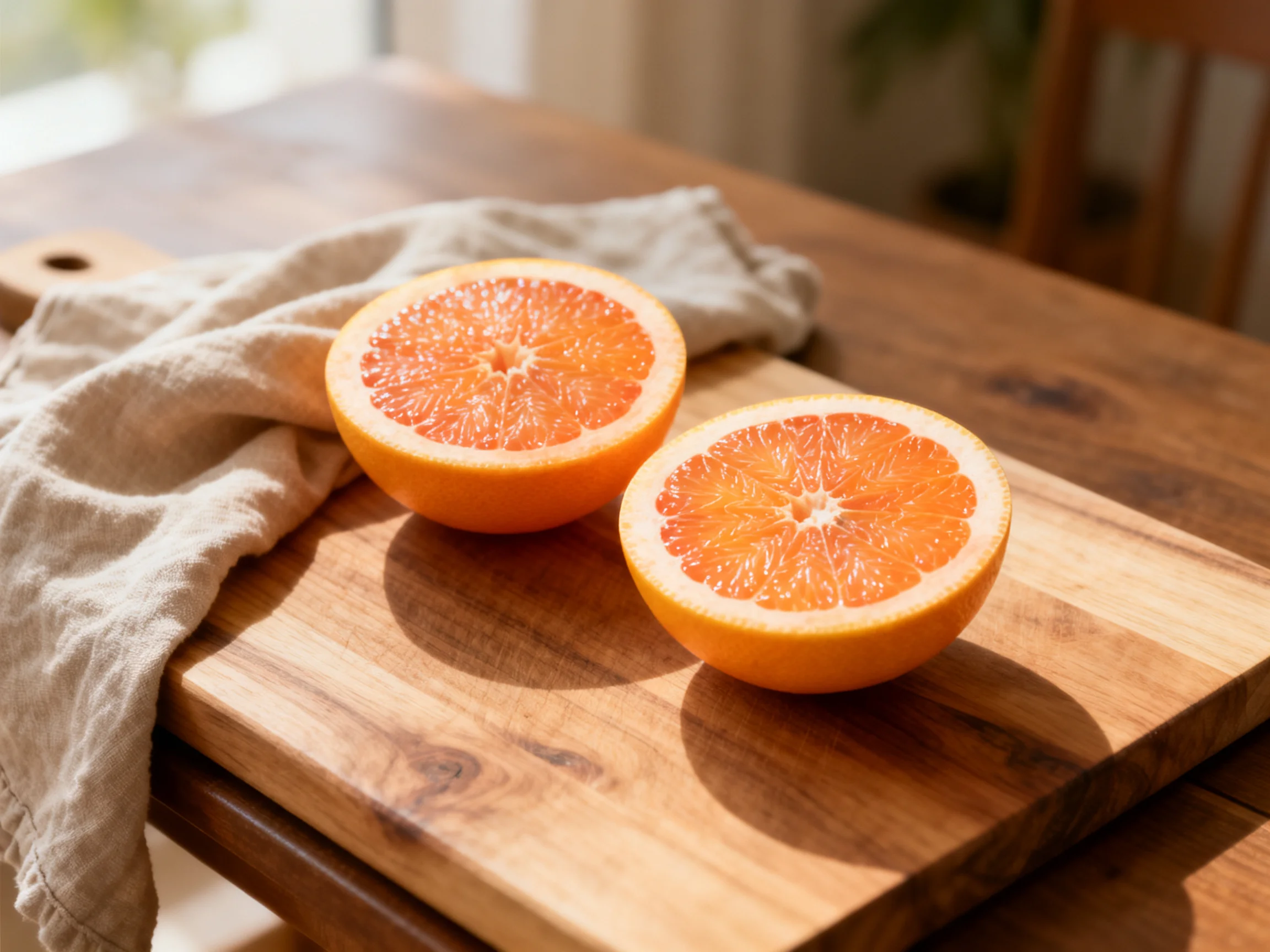 Two vibrant orange grapefruit halves rest on a wooden cutting board with a beige cloth