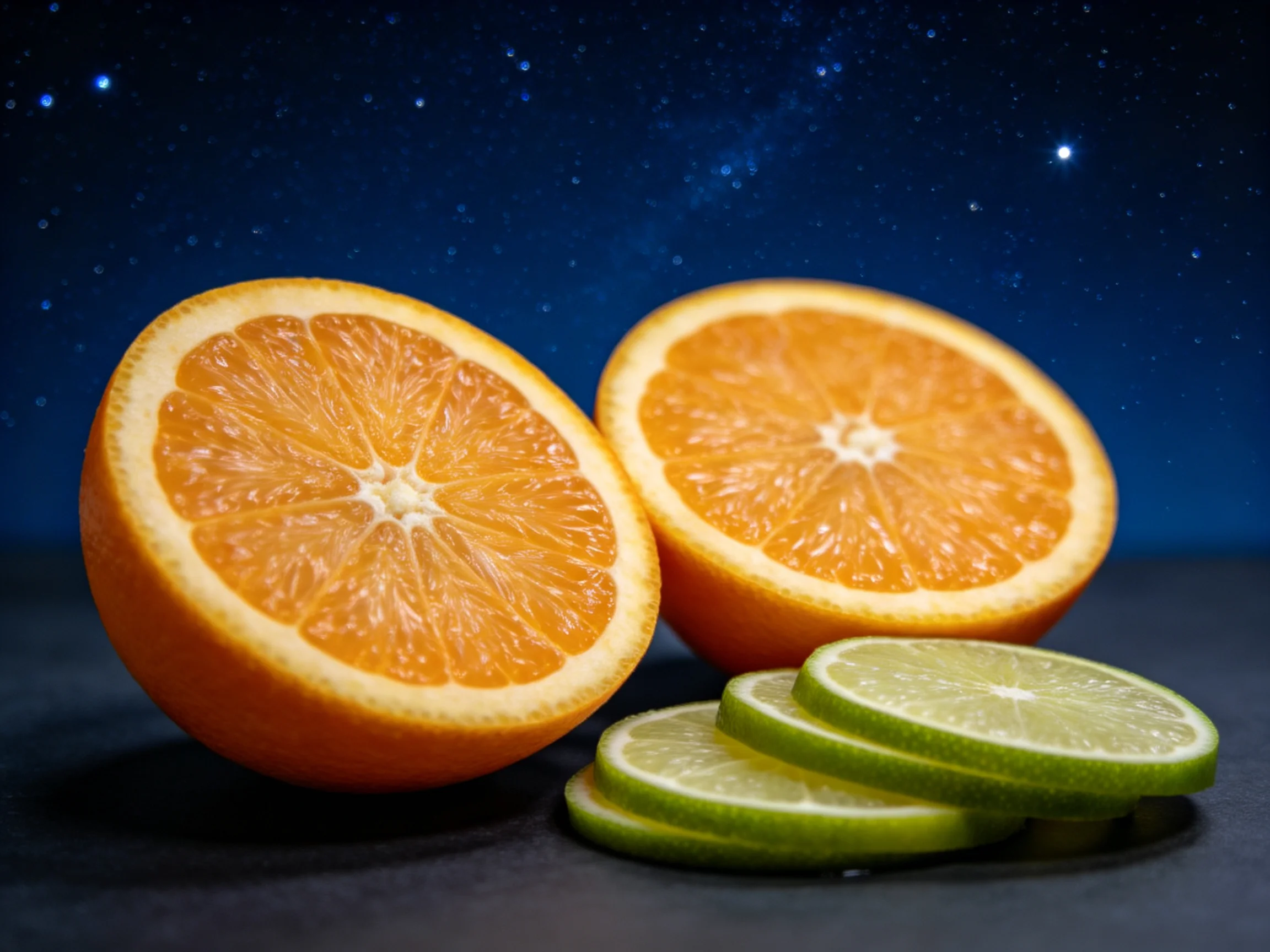 Two vibrant orange halves and lime slices on a starry backdrop