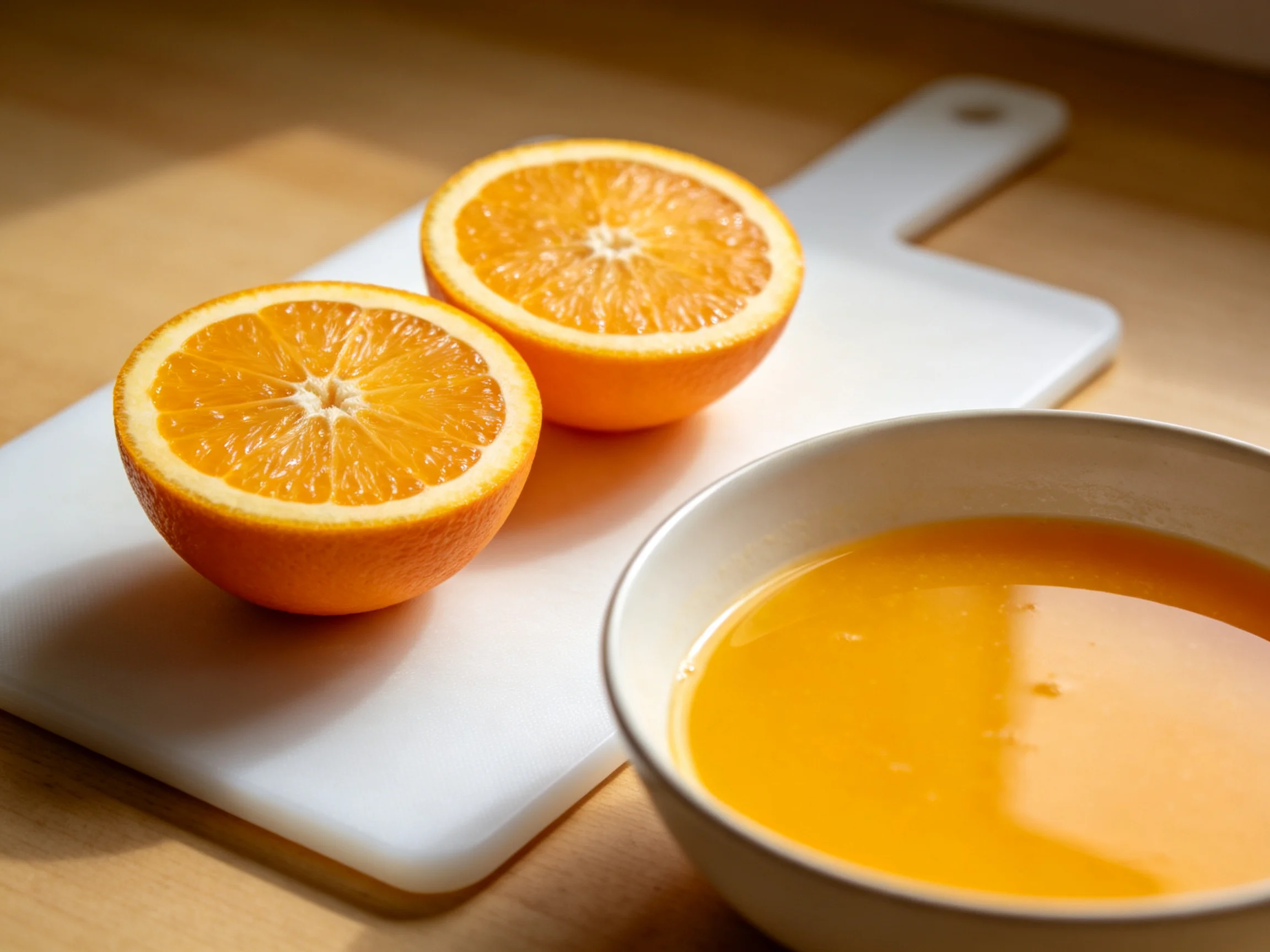 Two vibrant orange halves sit beside a bowl of fresh juice