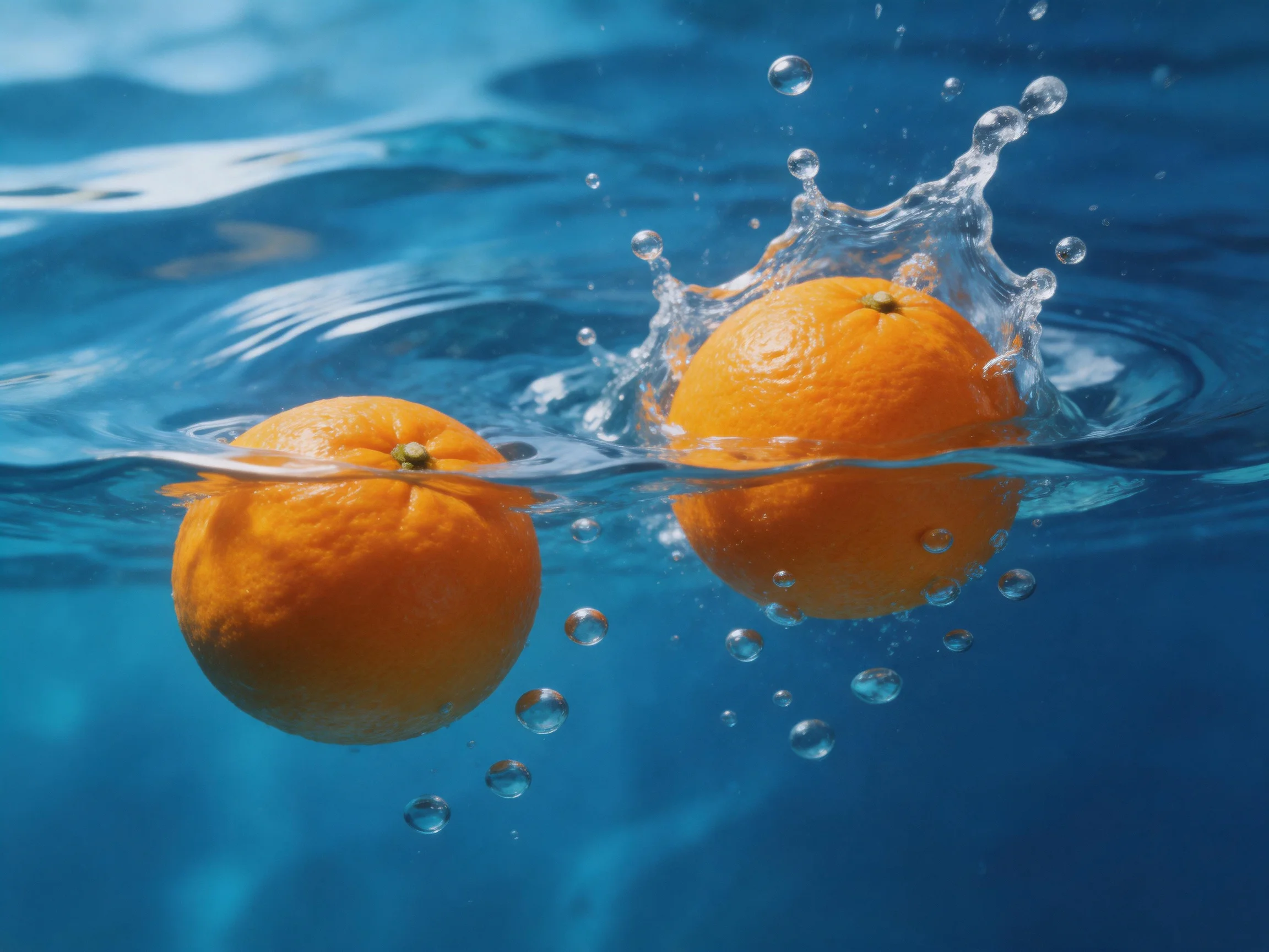 Two vibrant orange oranges splash into deep blue water