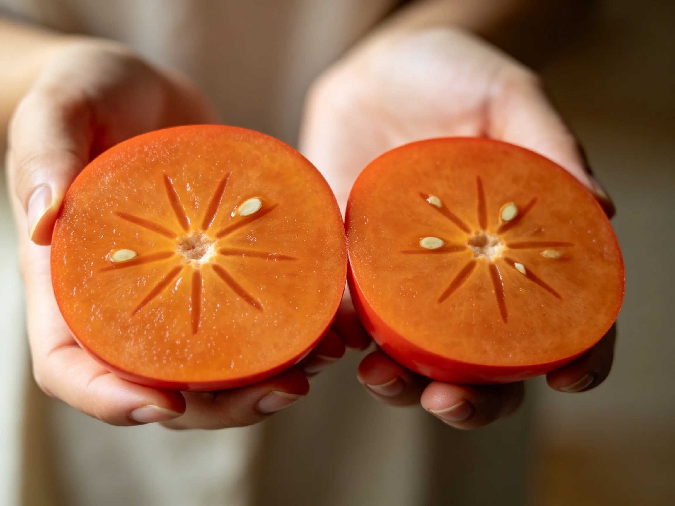 Two vibrant orange persimmon halves with seeds, held in hands