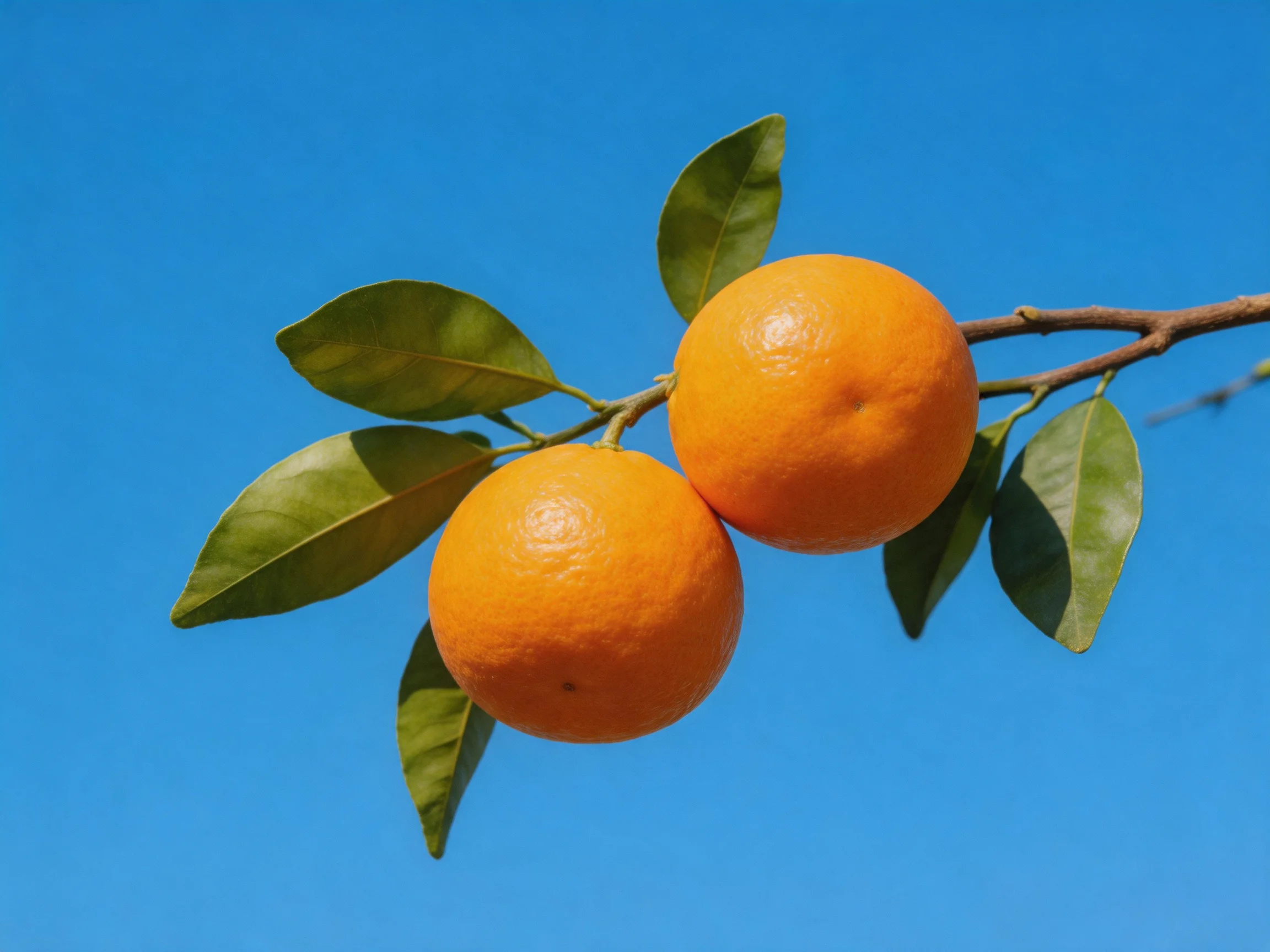 Two vibrant oranges hang from a branch with glossy green leaves against a clear blue sky