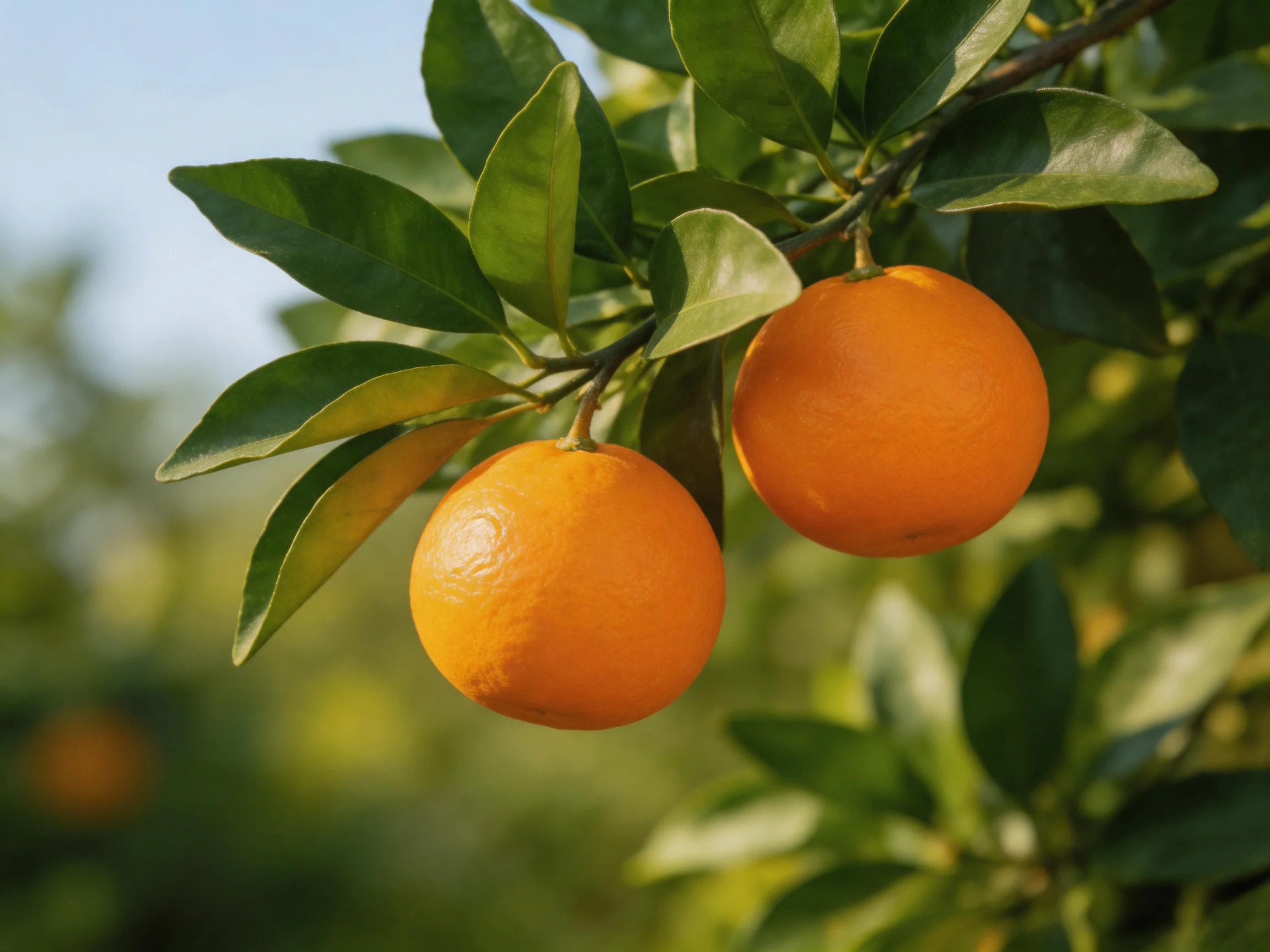 Two vibrant oranges hang from a leafy citrus branch