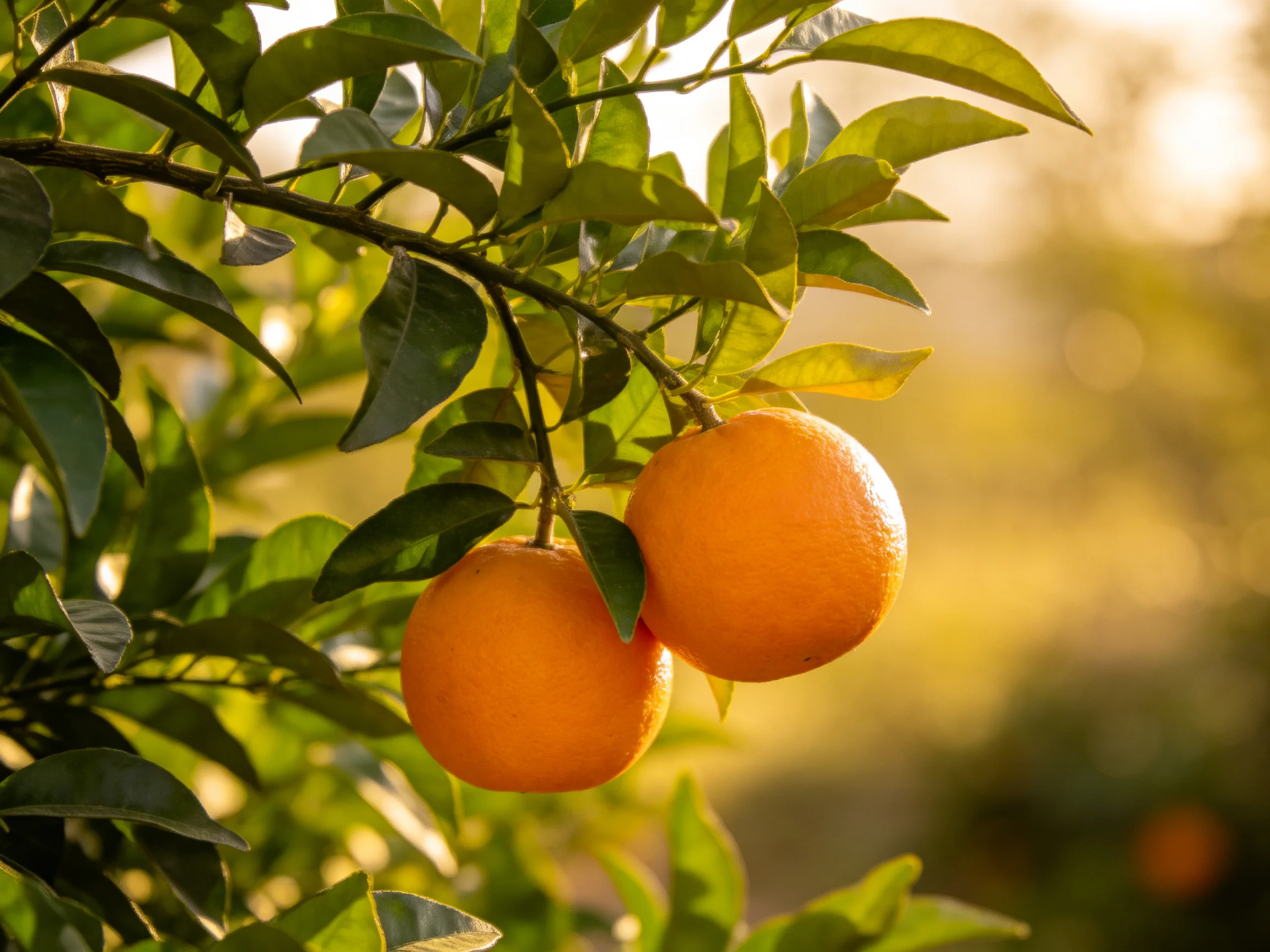 Two vibrant oranges hang from a leafy citrus tree branch