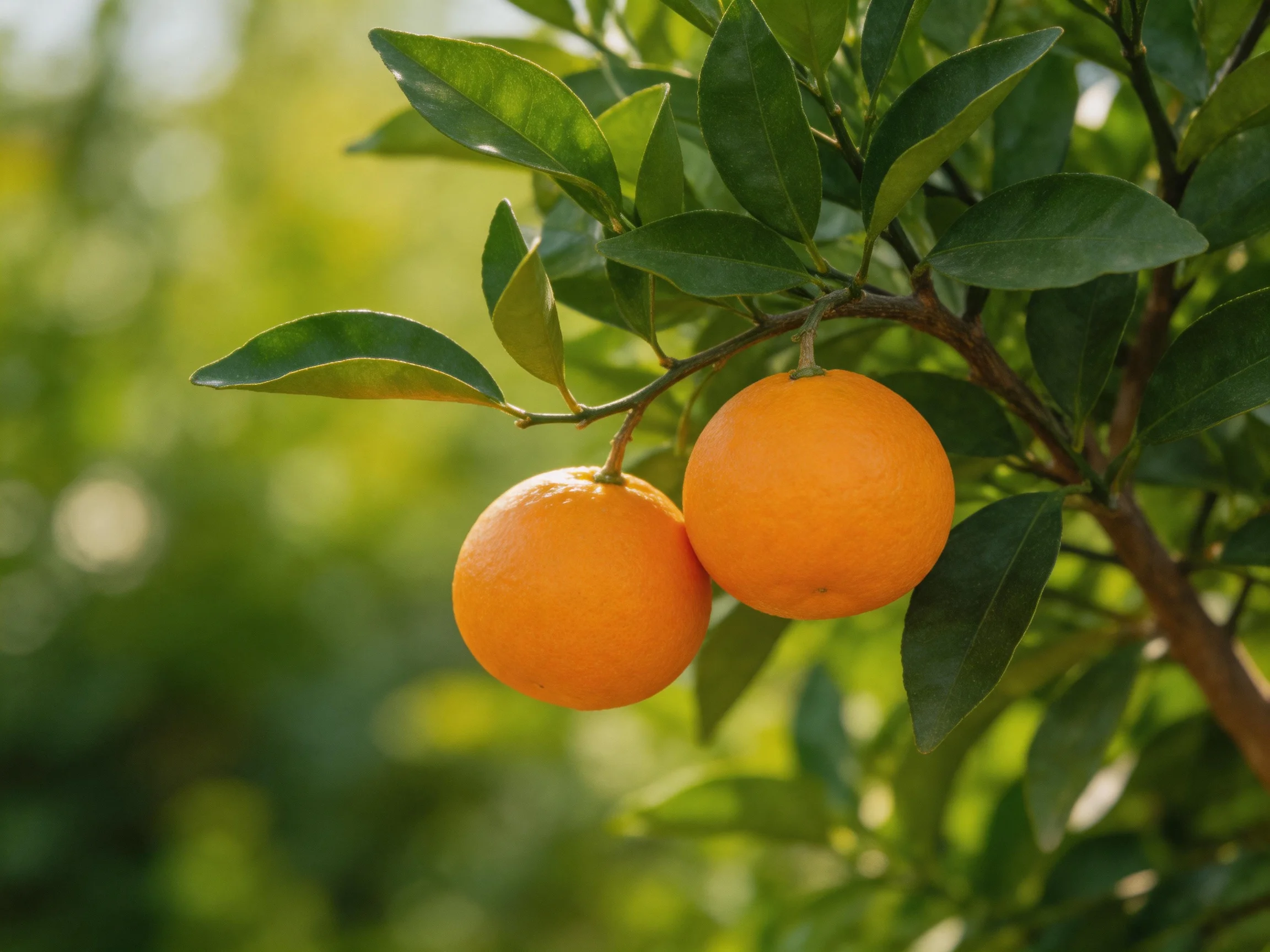 Two vibrant oranges hang from a tree branch with lush green leaves