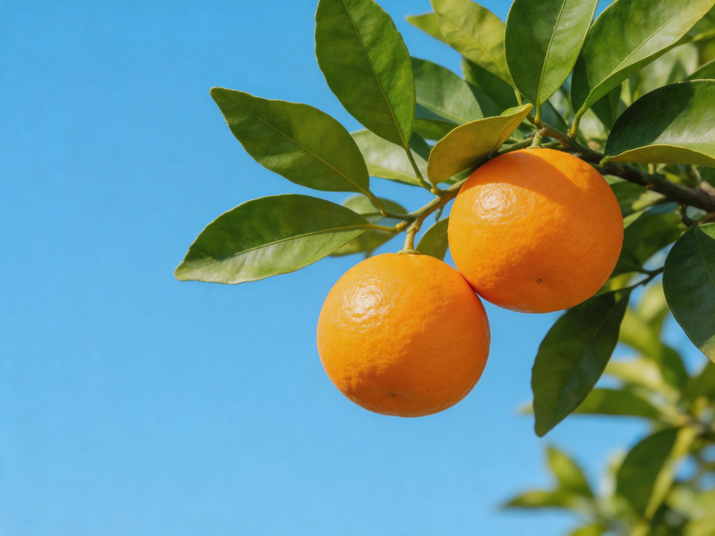 Two vibrant oranges hang from a tree branch with lush green leaves against a clear blue sky