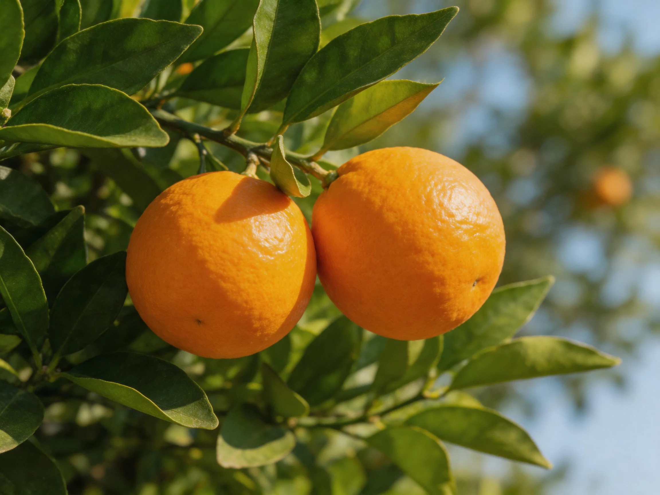 Two vibrant oranges hang from an orange tree with lush green foliage