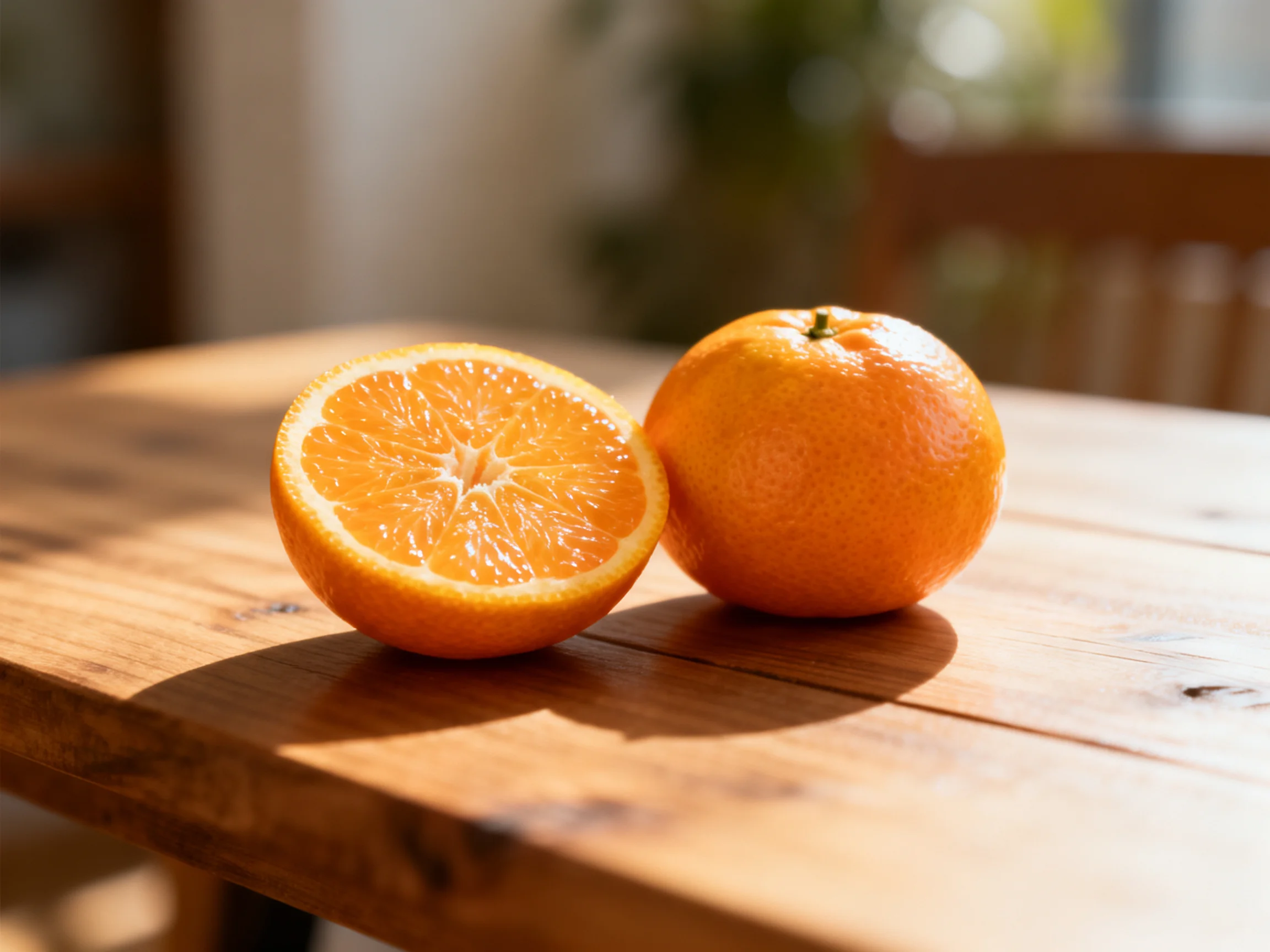 Two vibrant oranges, one sliced open, rest on a polished wooden table